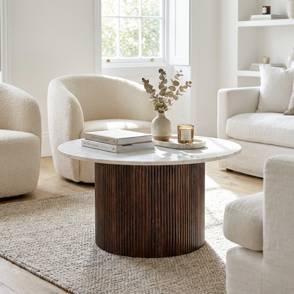 Melora Brown Mango Wood & White Marble Round Coffee Table