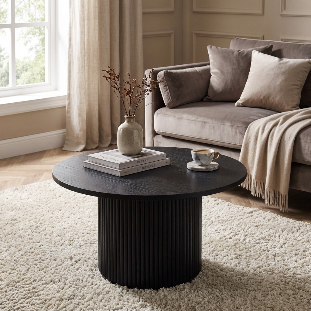 Como Reeded Black Wood Round Coffee Table