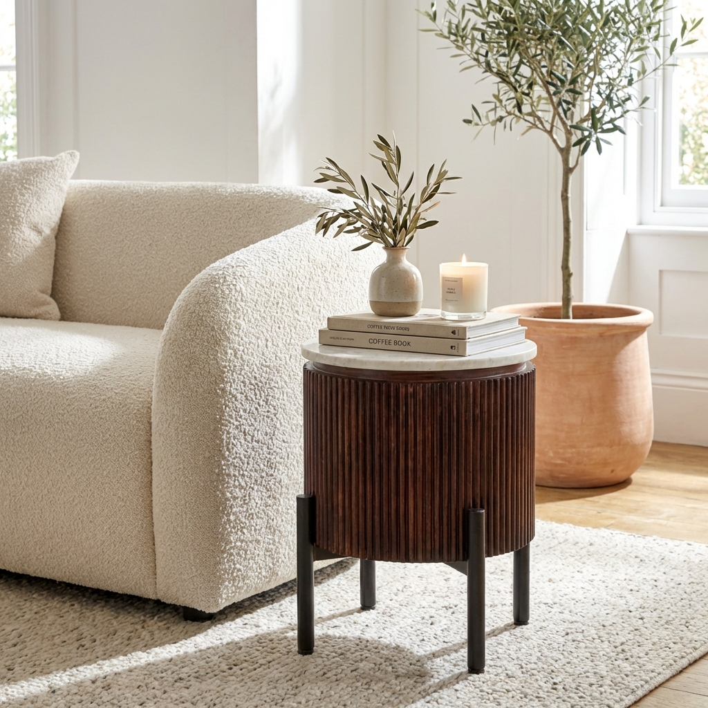Melora Brown Mango Wood & White Marble Round Side Table