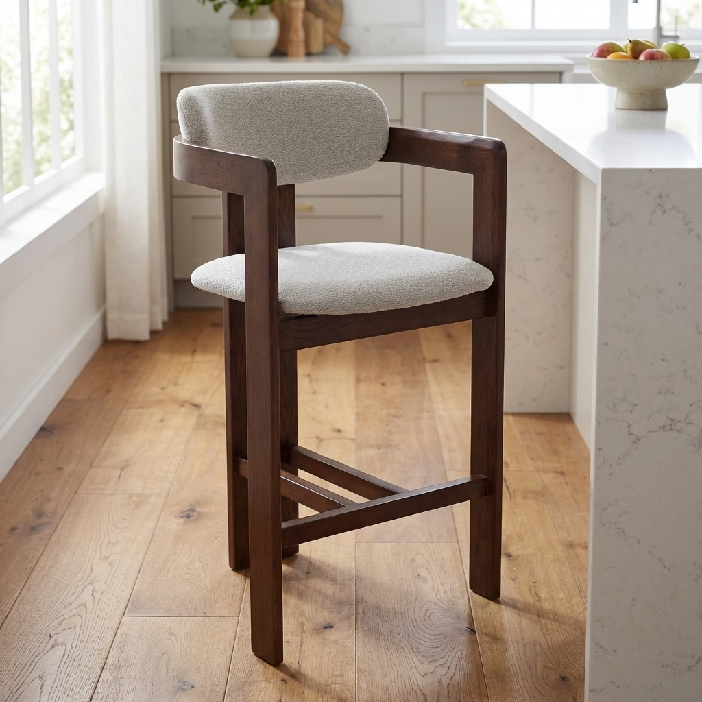 Alamo Walnut Brown Wood Barstool - Oatmeal Boucle