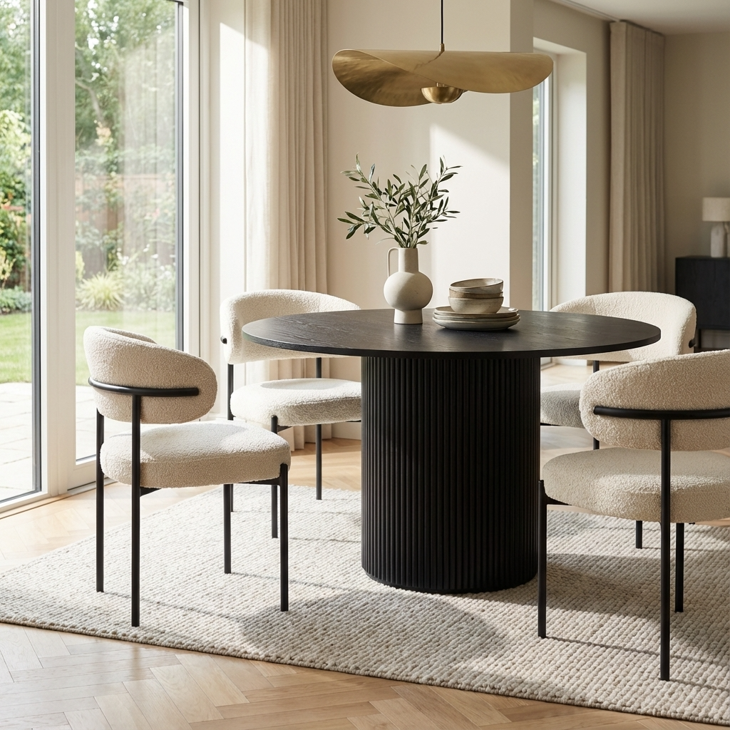 Como Reeded Black Wood Round Dining Table