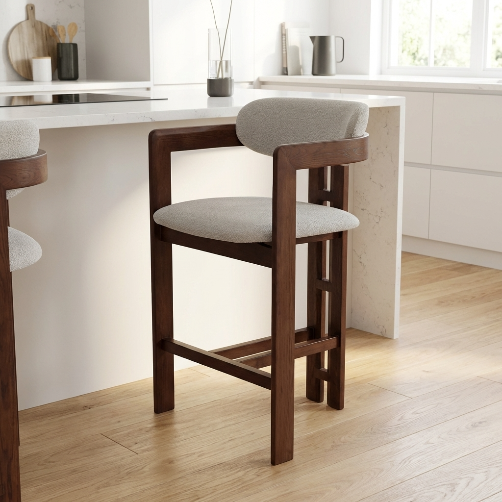 Alamo Walnut Brown Wood Barstool - Oatmeal Boucle