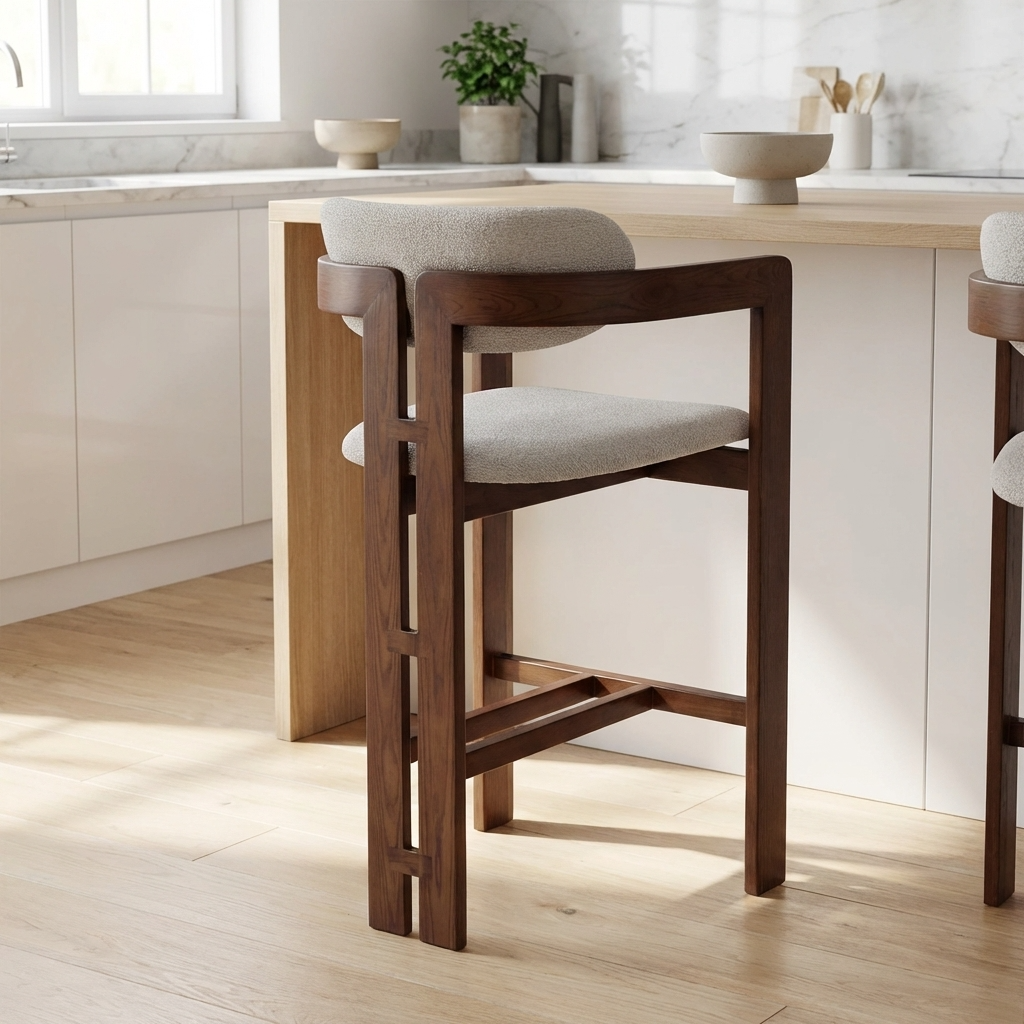 Alamo Walnut Brown Wood Barstool - Oatmeal Boucle
