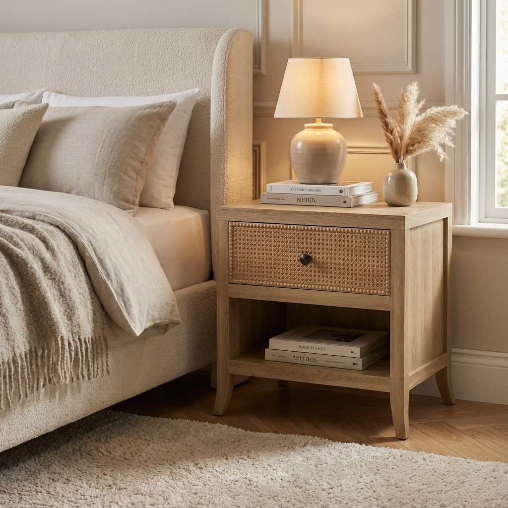 DI Designs Witley Natural Oak Wood Rattan Bedside Table | 1 Drawer