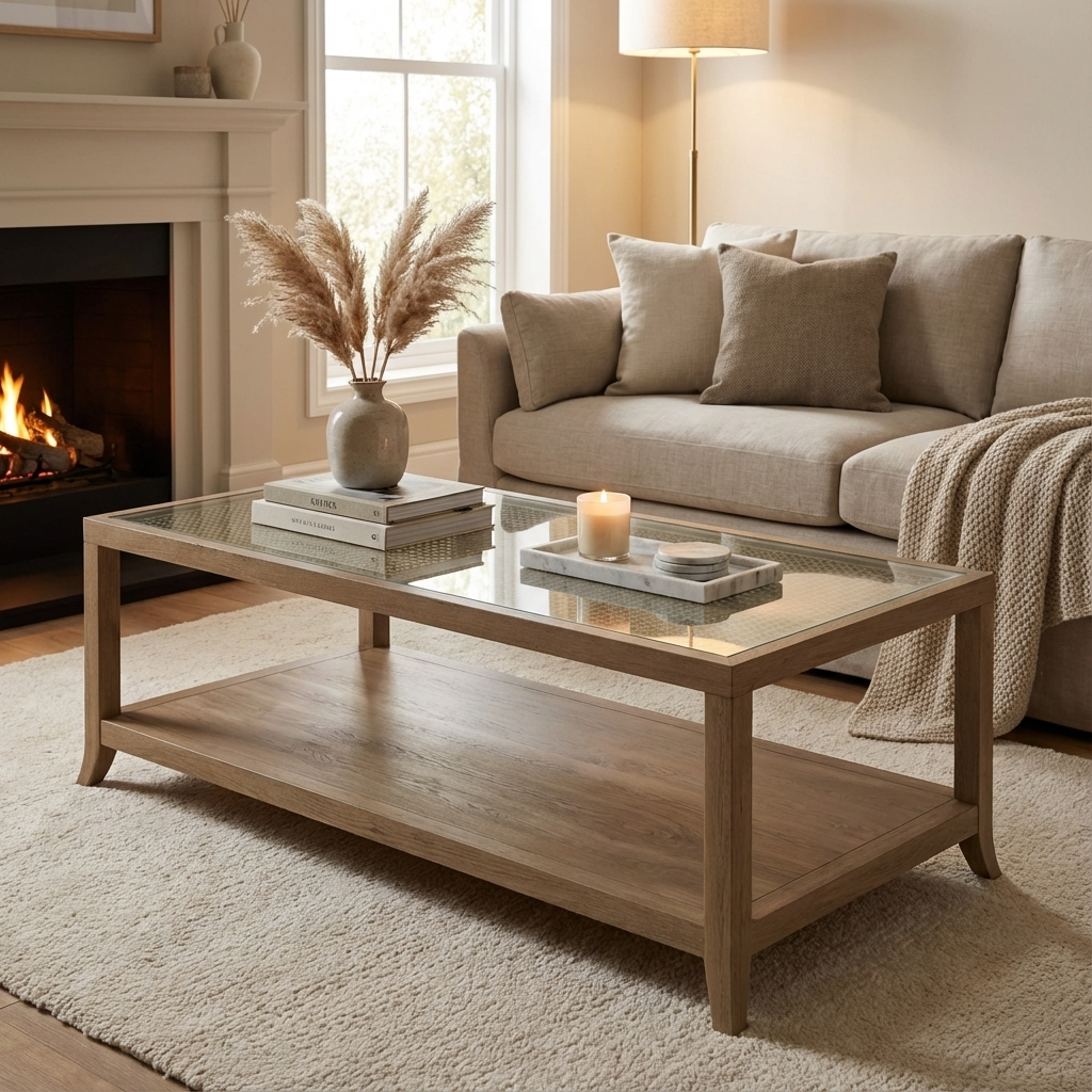 DI Designs Witley Natural Oak Wood Rattan & Glass Rectangle Coffee Table