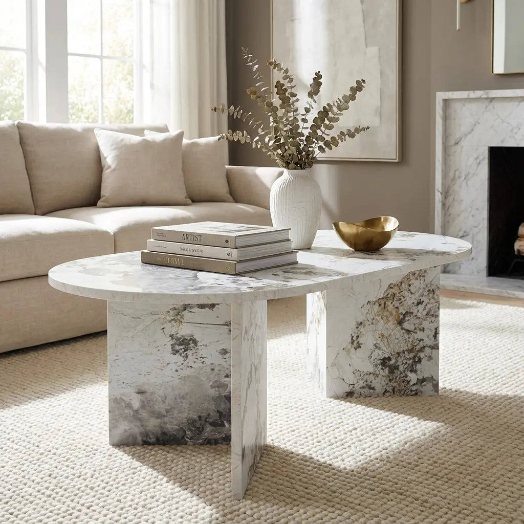 Aura White Marble Effect Oval Coffee Table