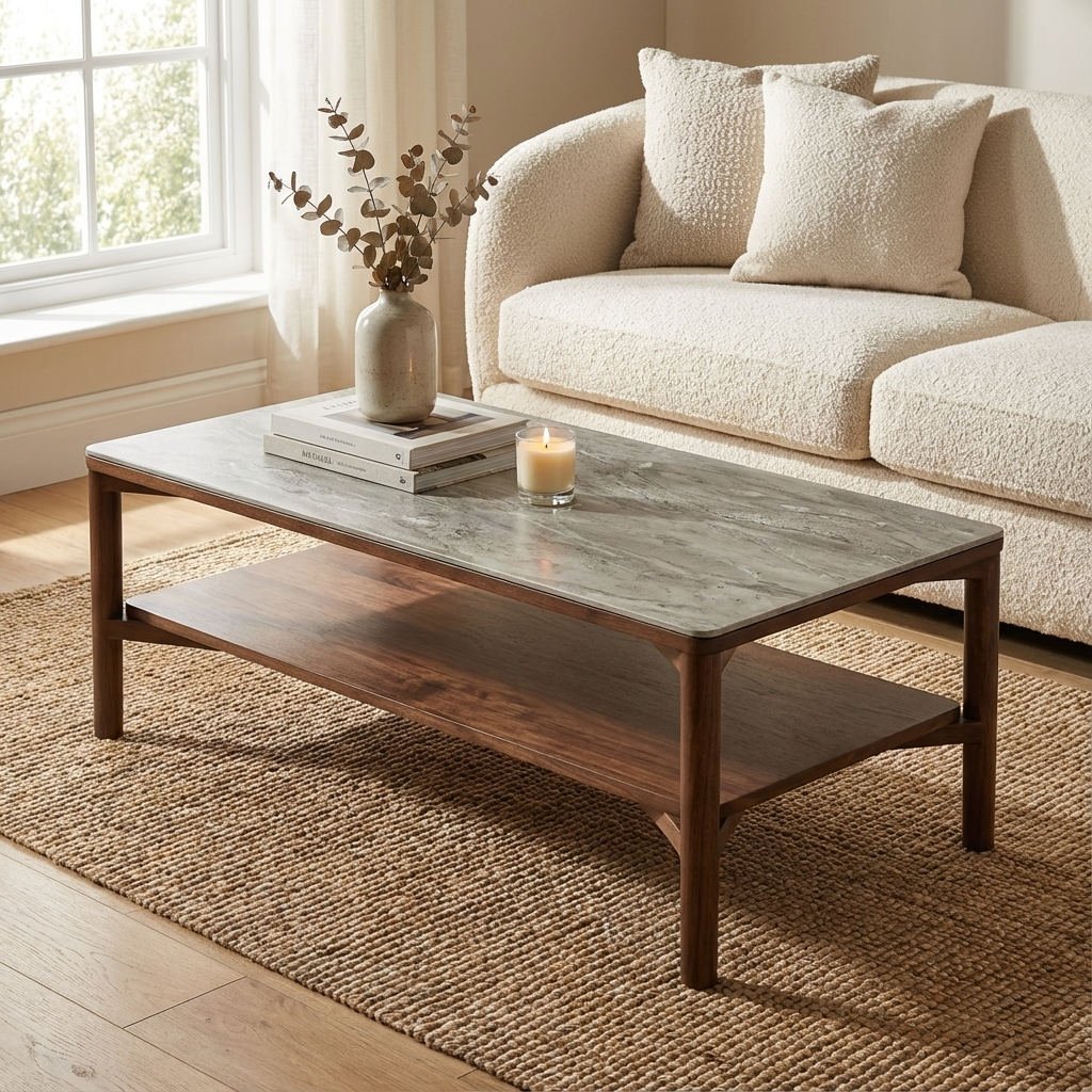 Willow Walnut Brown Wood & Grey Marble Rectangle Coffee Table