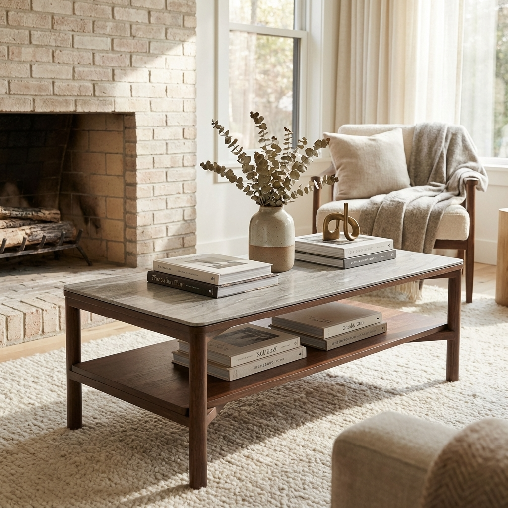 Willow Walnut Brown Wood & Grey Marble Rectangle Coffee Table