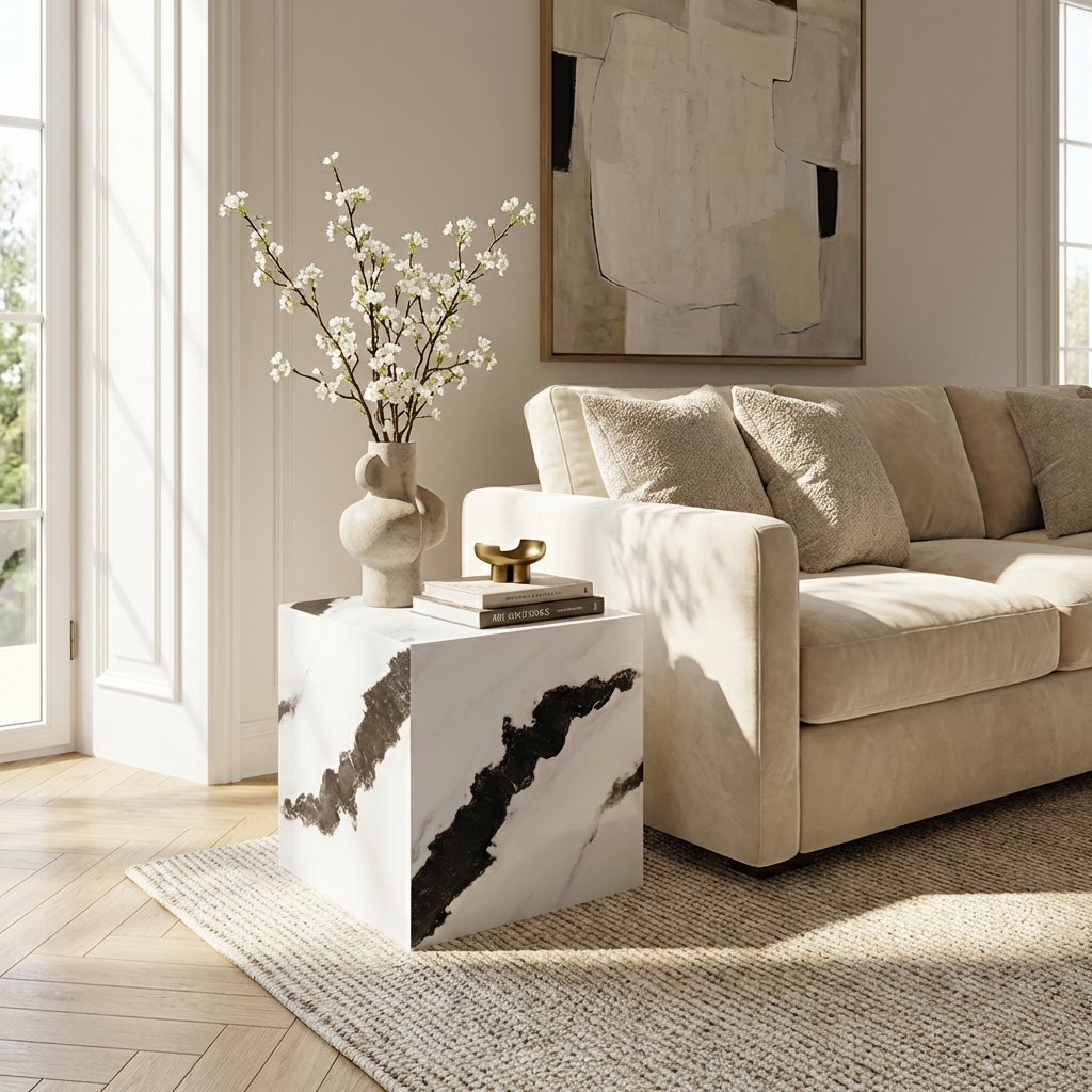 Sur Panda White Marble Cube Side Table