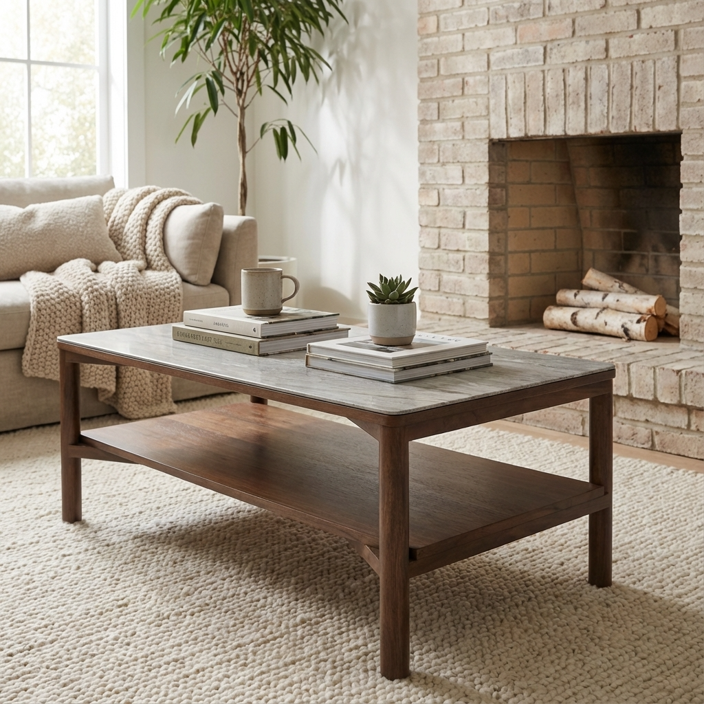 Willow Walnut Brown Wood & Grey Marble Rectangle Coffee Table