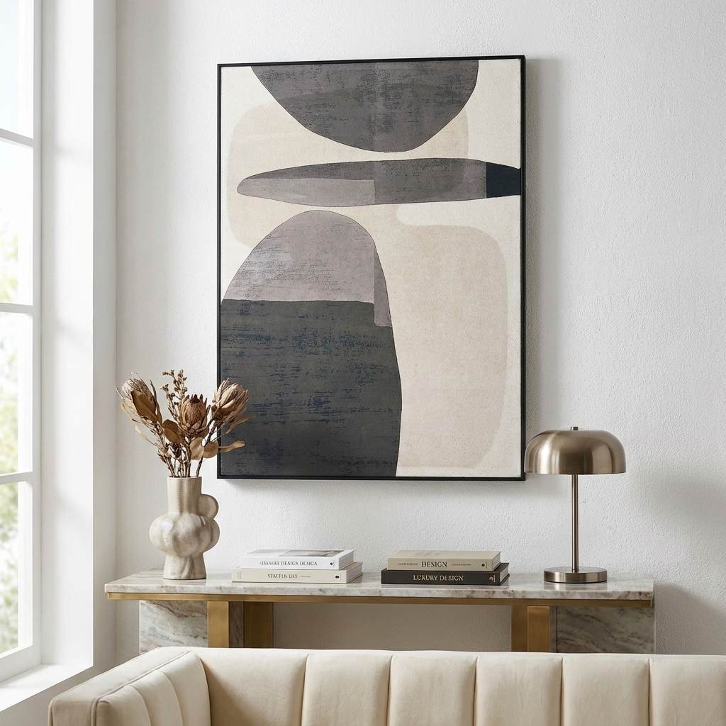 Abstract Ovals Natural & Black Canvas Wall Art with Black Frame