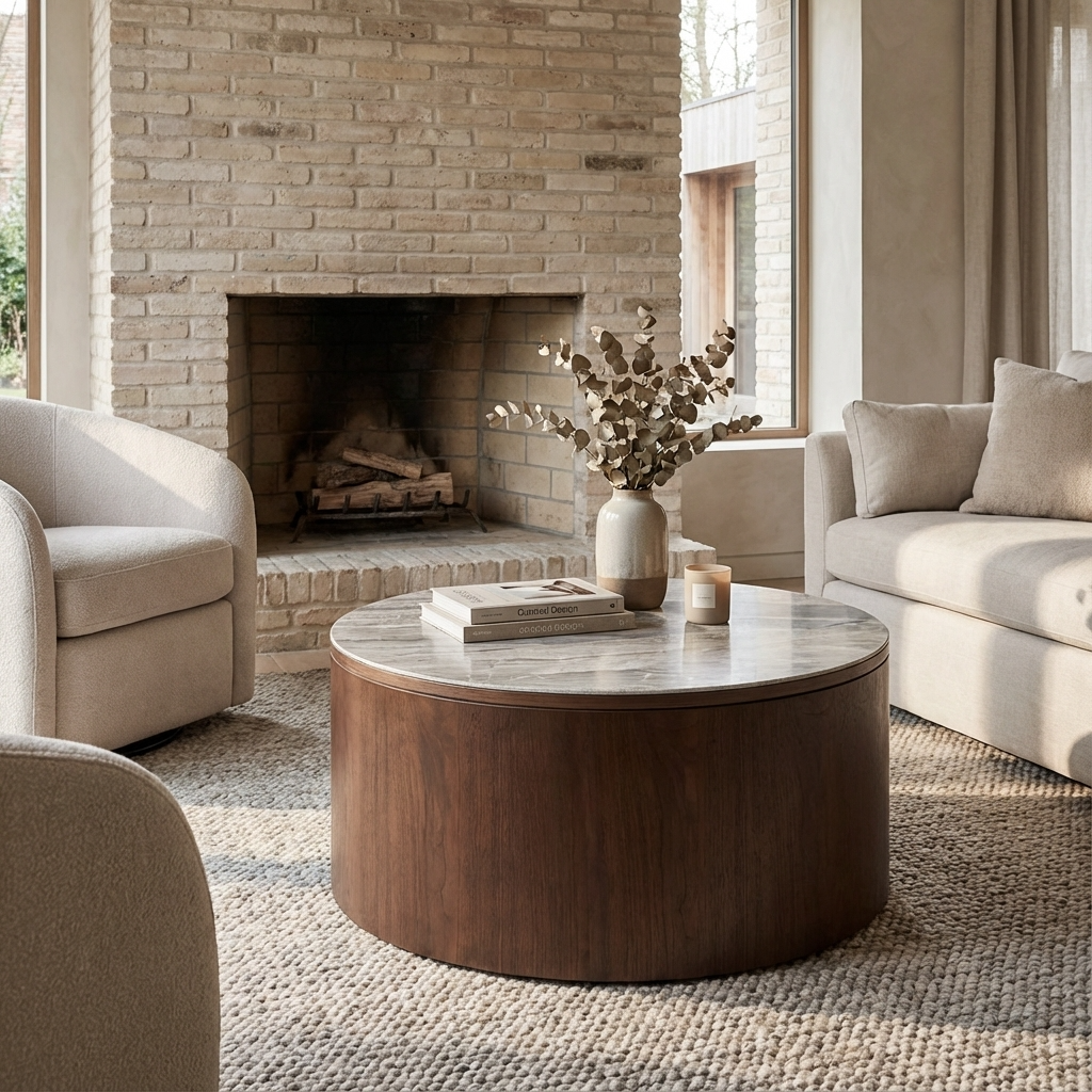 Willow Walnut Brown Wood & Grey Marble Round Coffee Table