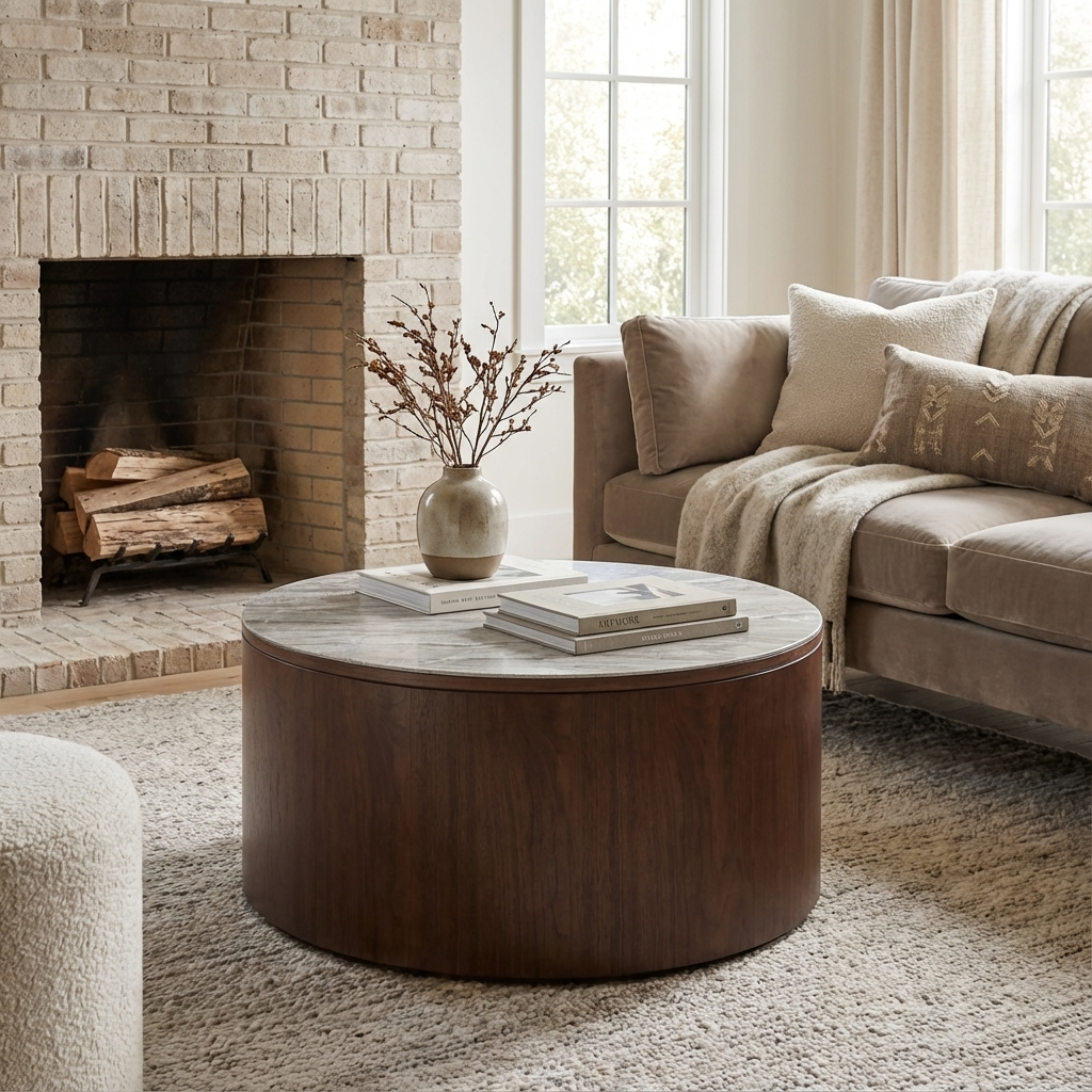 Willow Walnut Brown Wood & Grey Marble Round Coffee Table