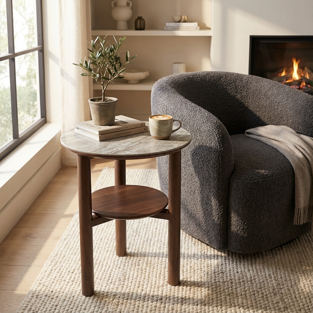 Willow Walnut Brown Wood & Grey Marble Side Table