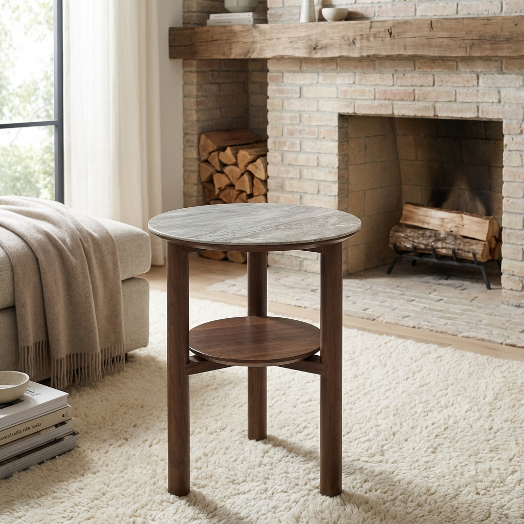 Willow Walnut Brown Wood & Grey Marble Side Table