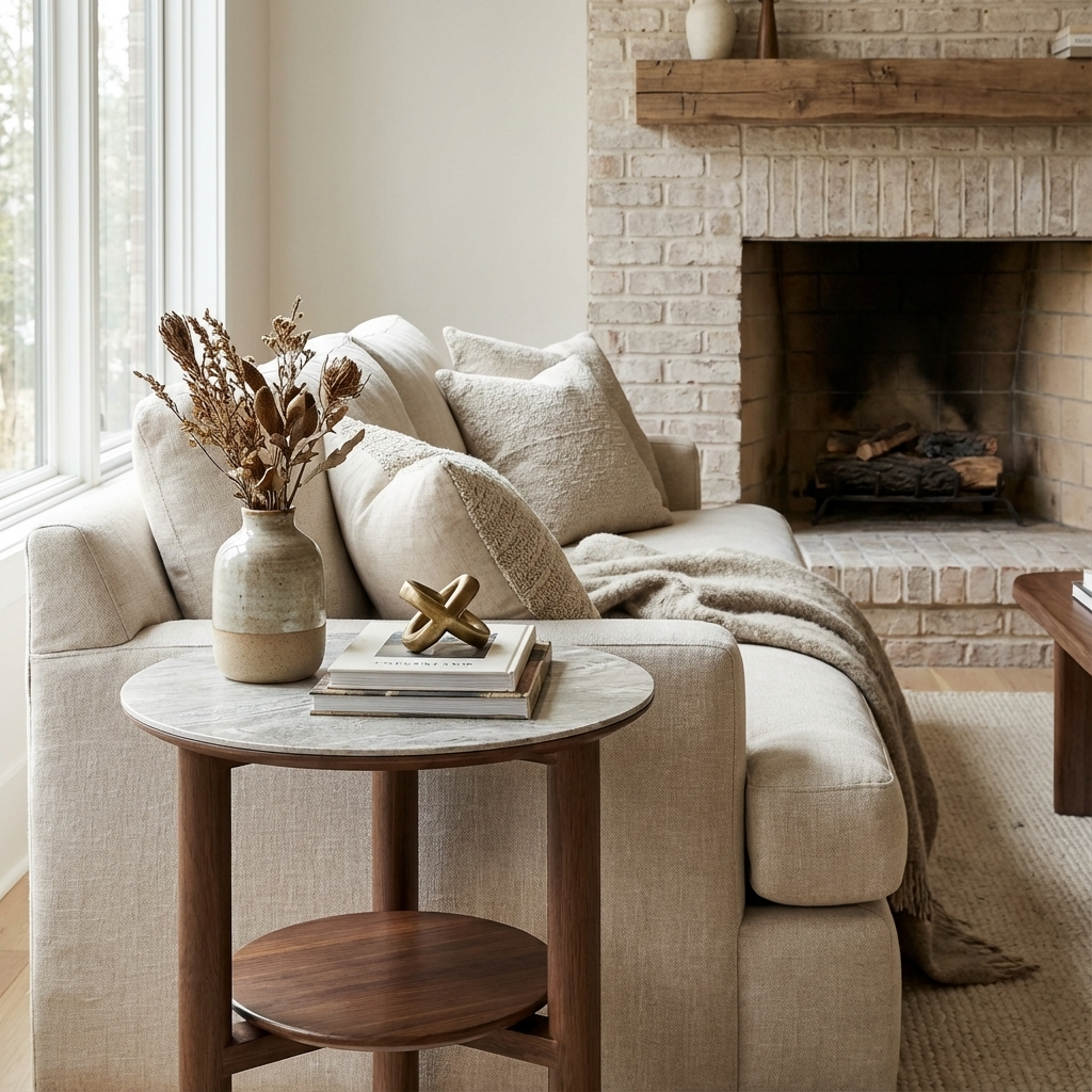 Willow Walnut Brown Wood & Grey Marble Side Table