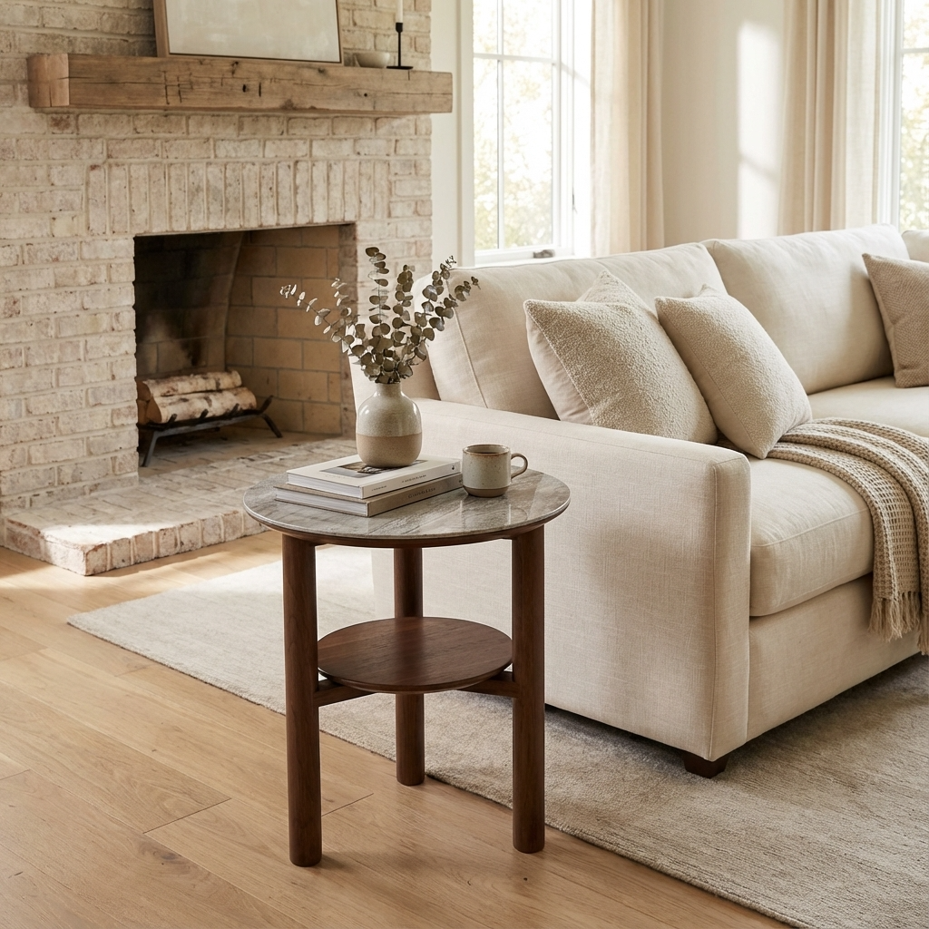Willow Walnut Brown Wood & Grey Marble Side Table
