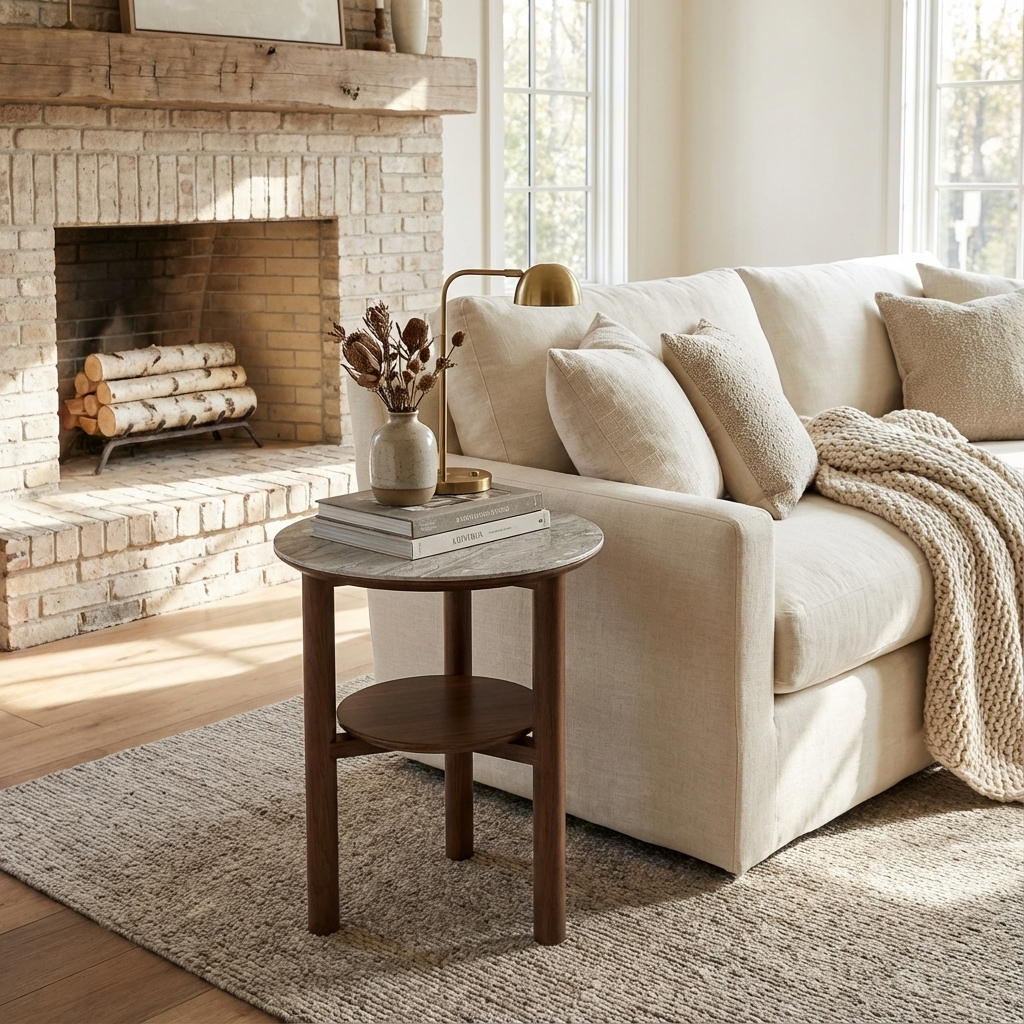 Willow Walnut Brown Wood & Grey Marble Side Table