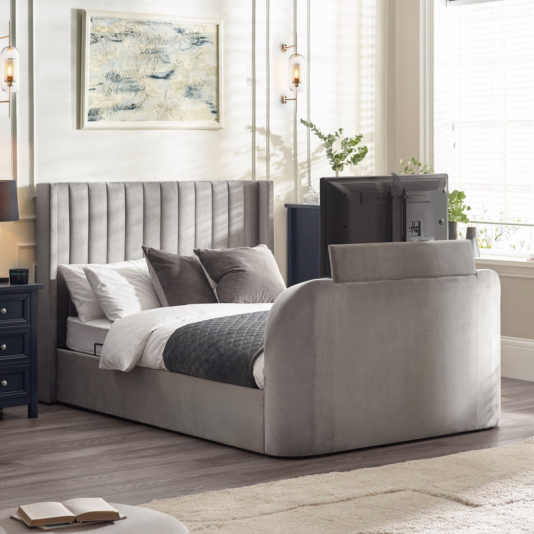 Alston Light Grey Velvet Ottoman TV Bed King