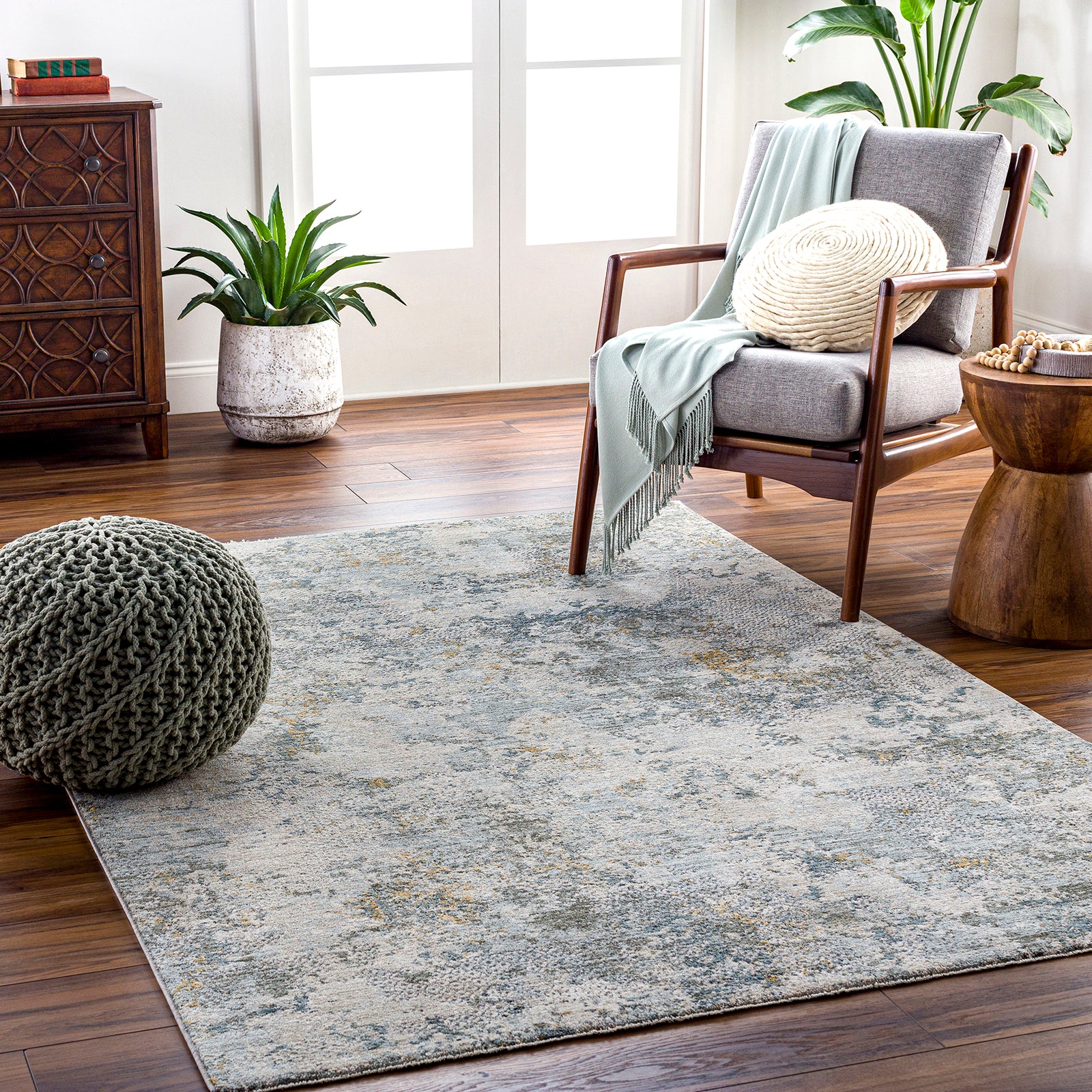 Dresden Vintage Traditional Boho Fringe Grey & Dusty Sage Polyester Rug 152x225cm - room setting