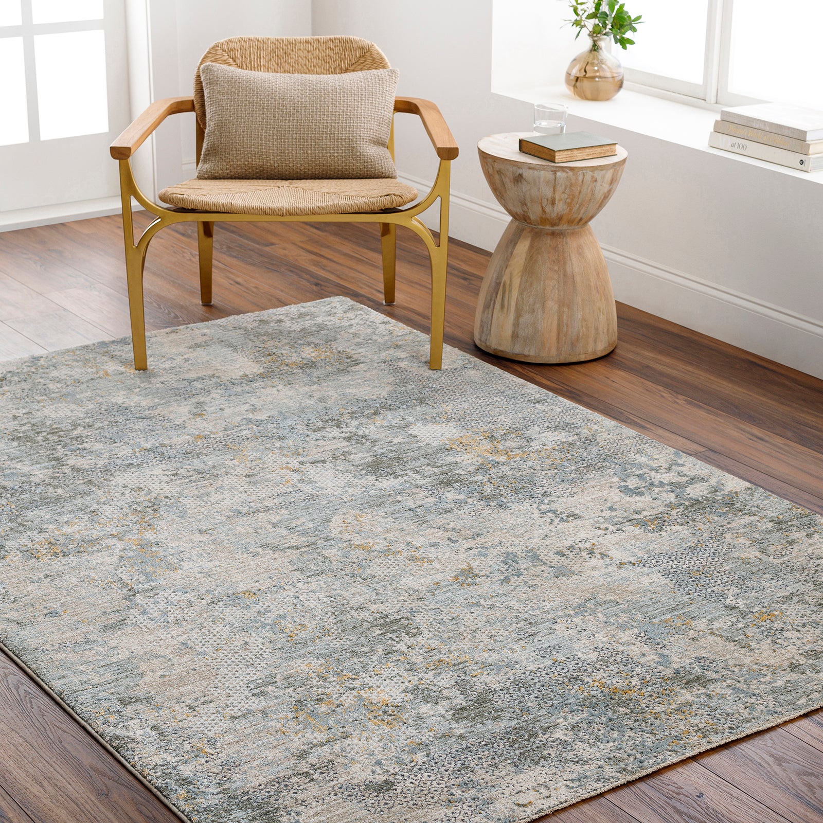 Dresden Vintage Traditional Boho Fringe Grey & Dusty Sage Polyester Rug 152x225cm - second room setting
