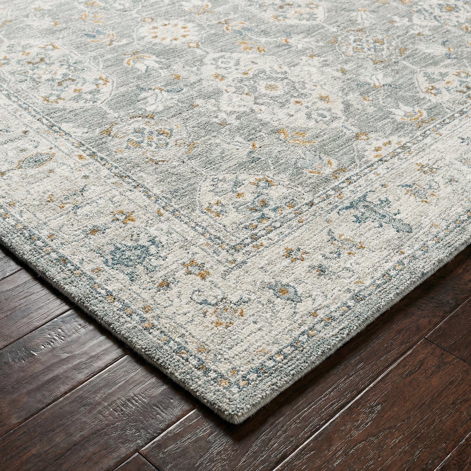 Dresden Vintage Traditional Boho Fringe Grey & White Polyester Rug 200x290cm - corner detail