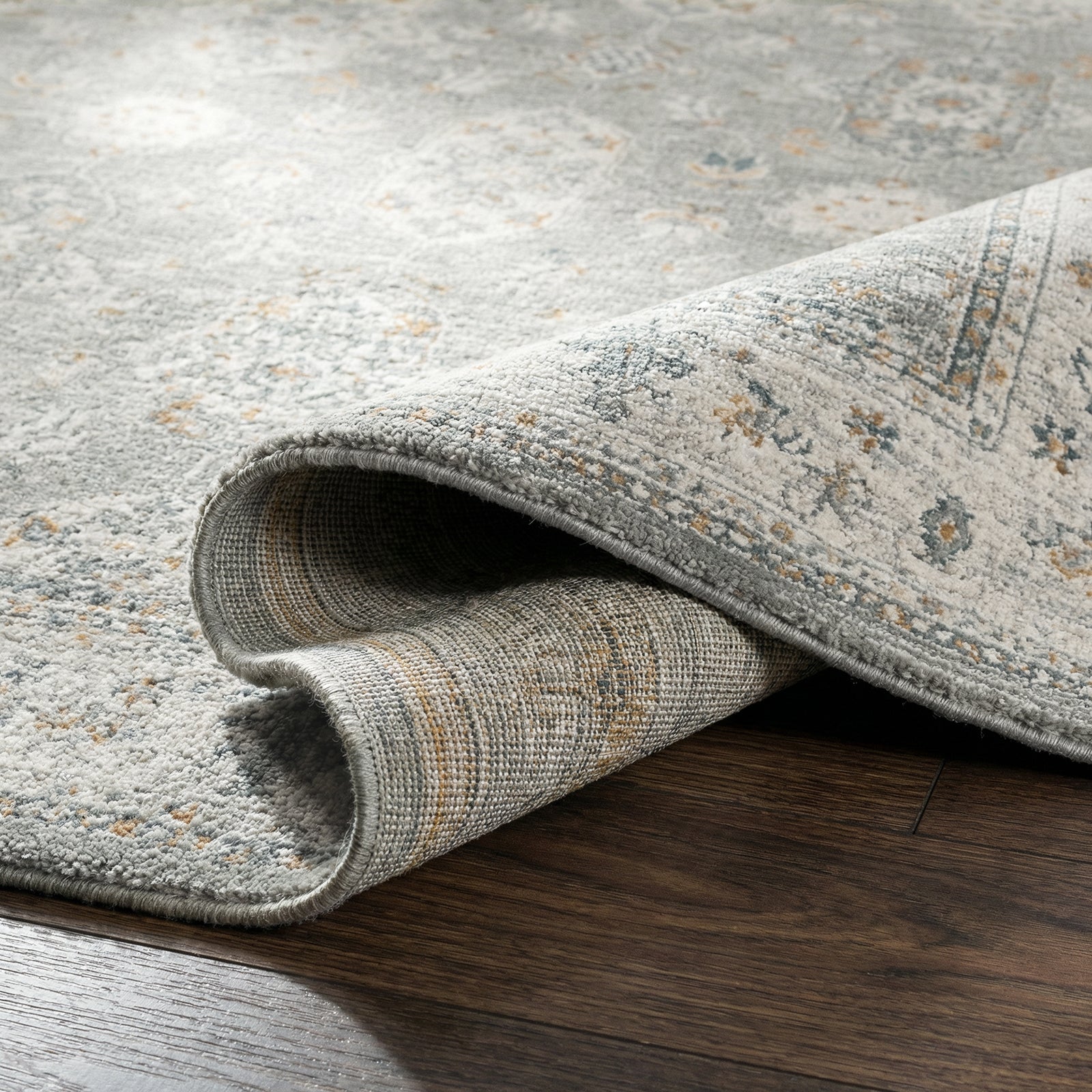 Dresden Vintage Traditional Boho Fringe Grey & White Polyester Rug 152x225cm - folded detail