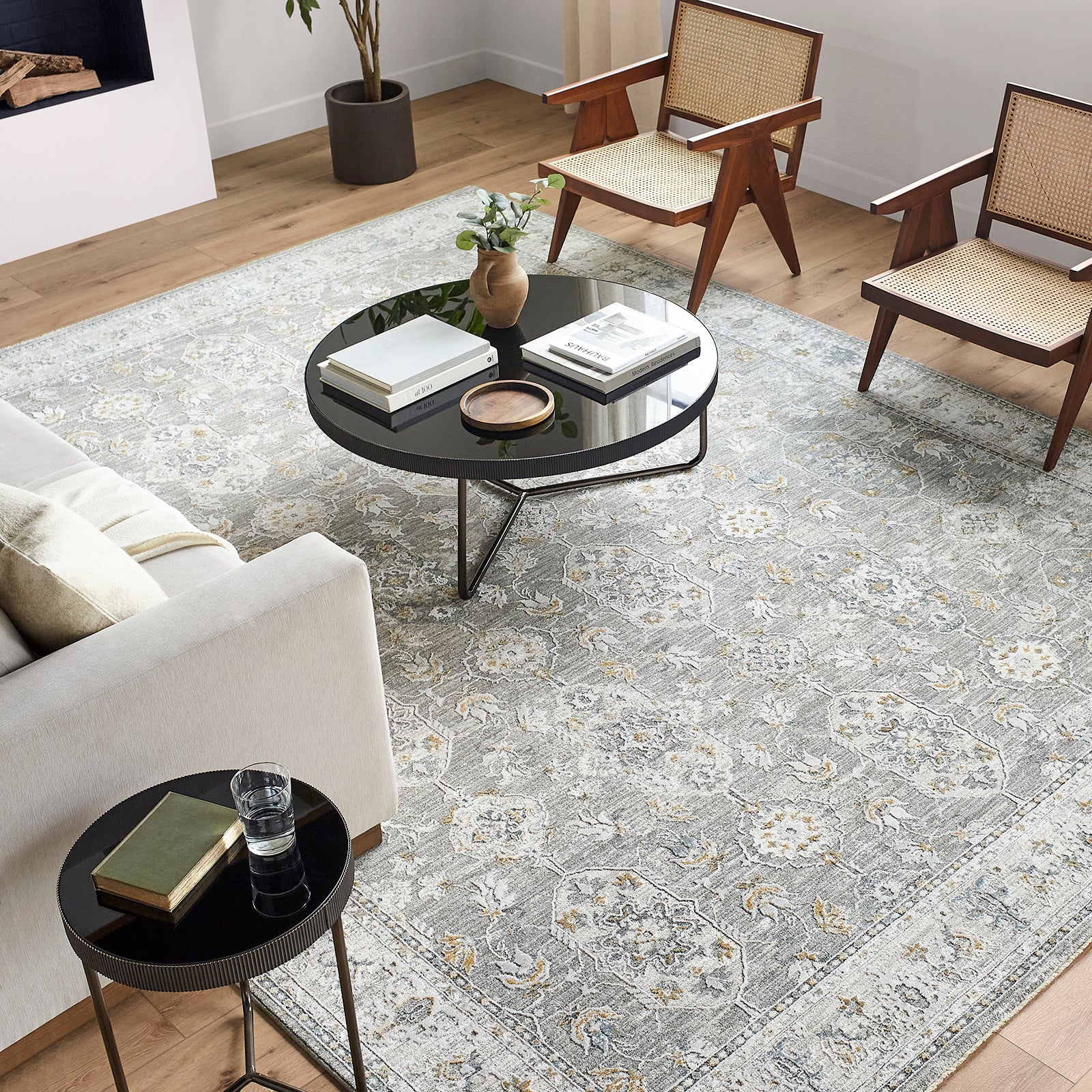 Dresden Vintage Traditional Boho Fringe Grey & White Polyester Rug 152x225cm - room setting