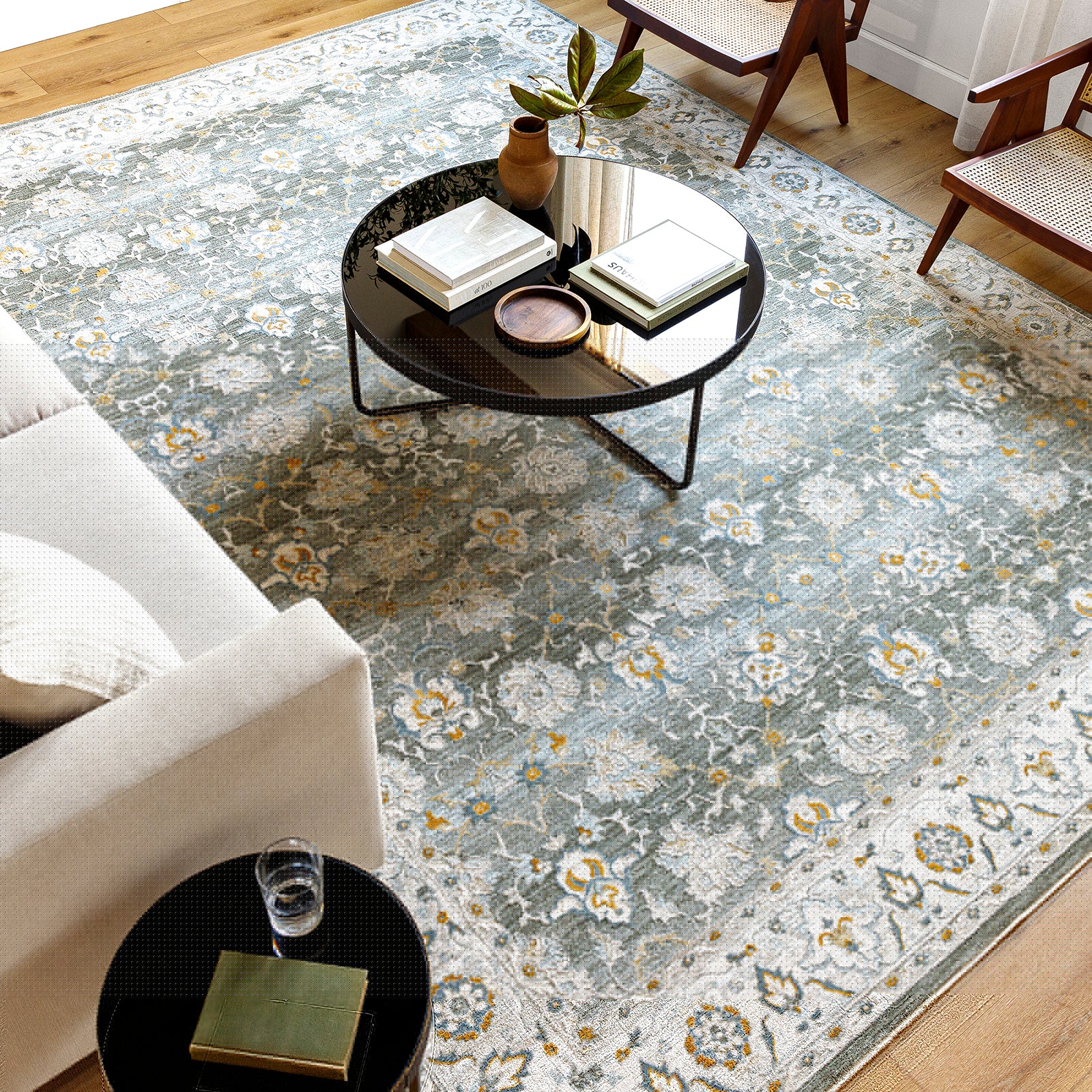 Dresden Vintage Traditional Boho Fringe Grey & White Polyester Rug 200x290cm - second room setting
