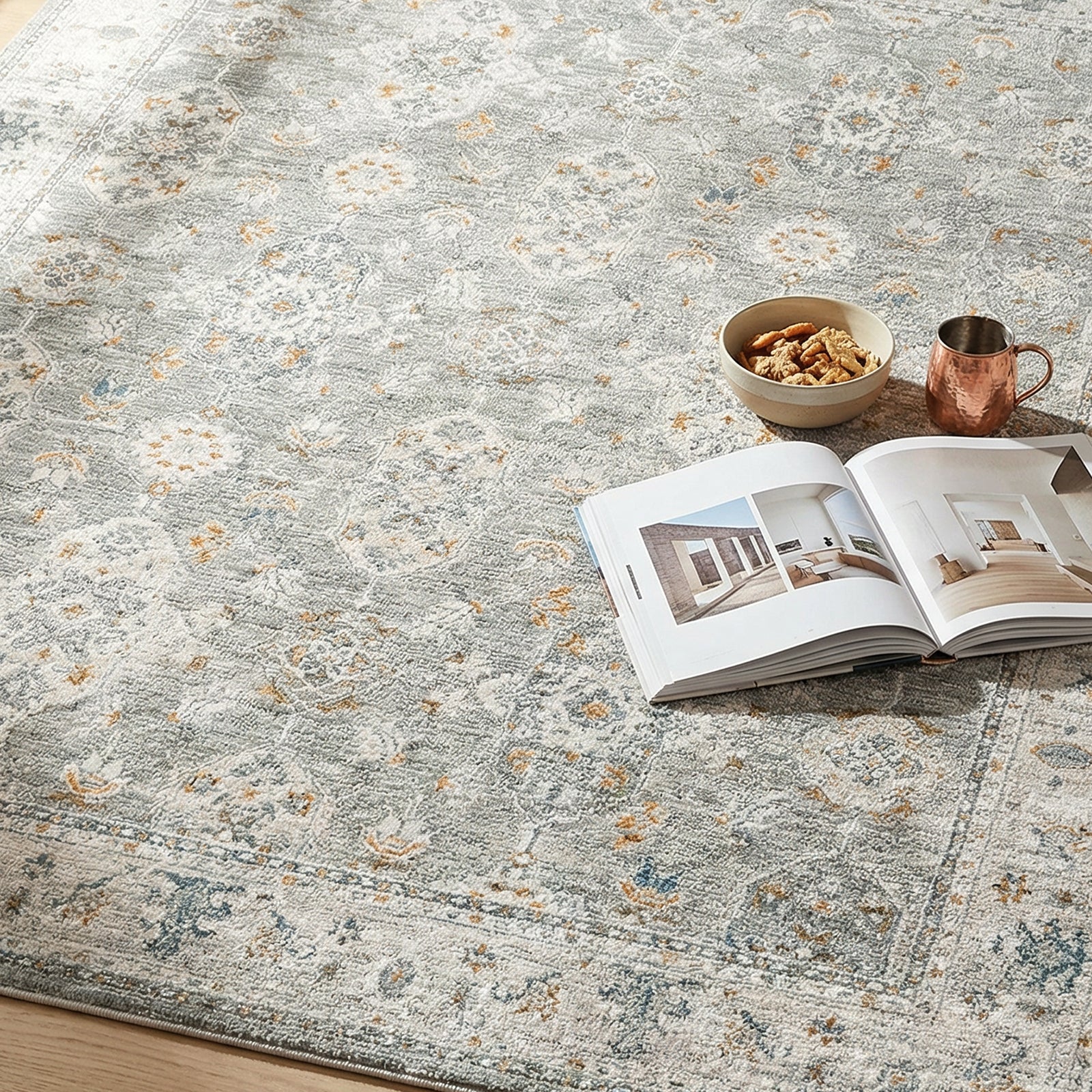 Dresden Vintage Traditional Boho Fringe Grey & White Polyester Rug 152x225cm - styled detail