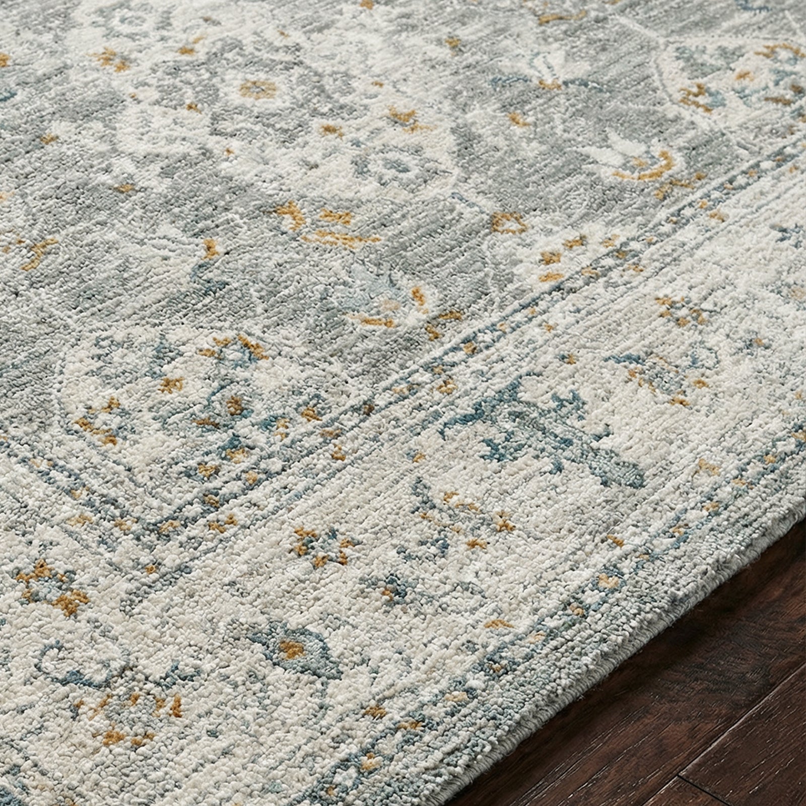 Dresden Vintage Traditional Boho Fringe Grey & White Polyester Rug 152x225cm - texture detail