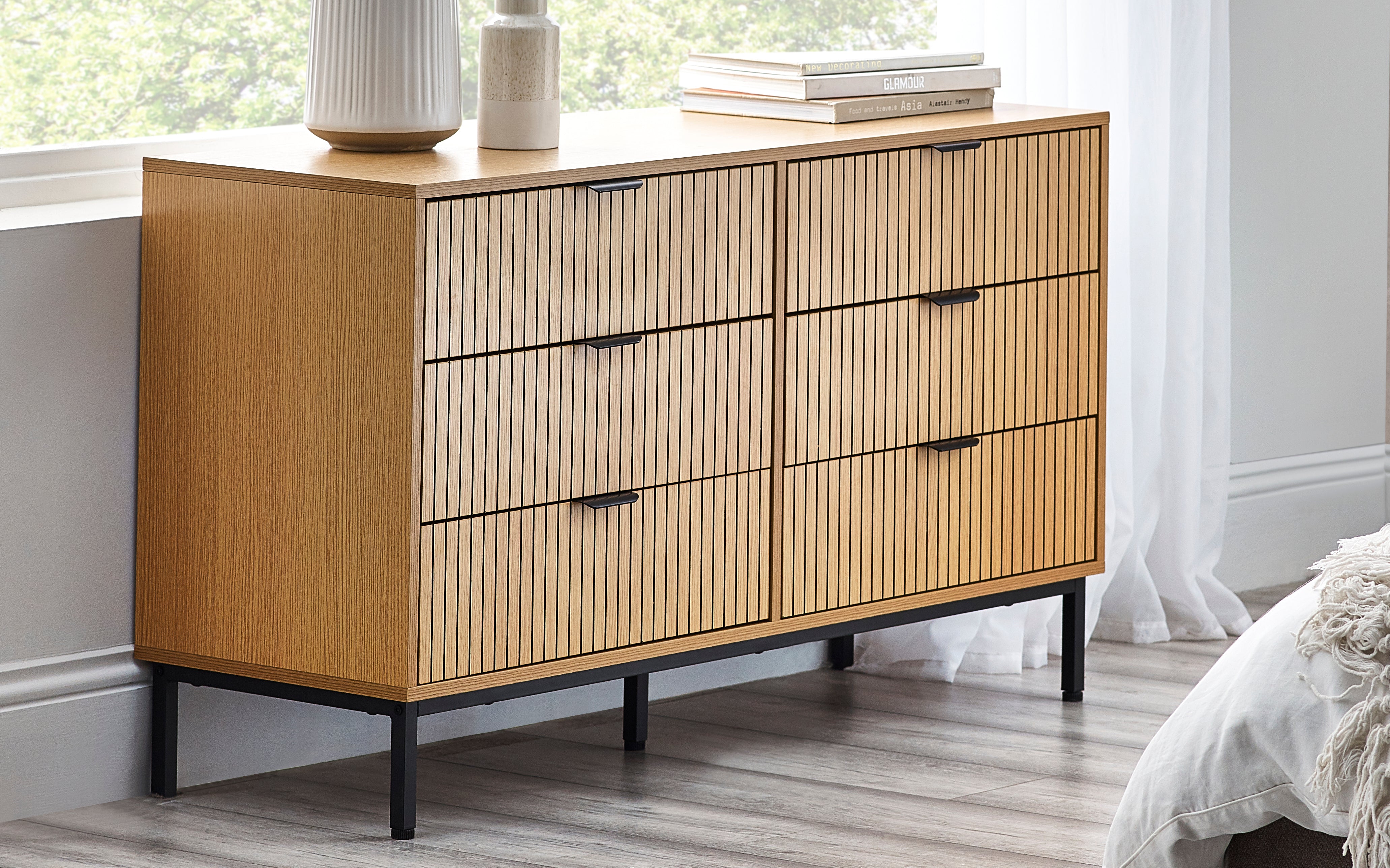 Arya Slatted Oak Wood Chest of Drawers | 6 Drawers