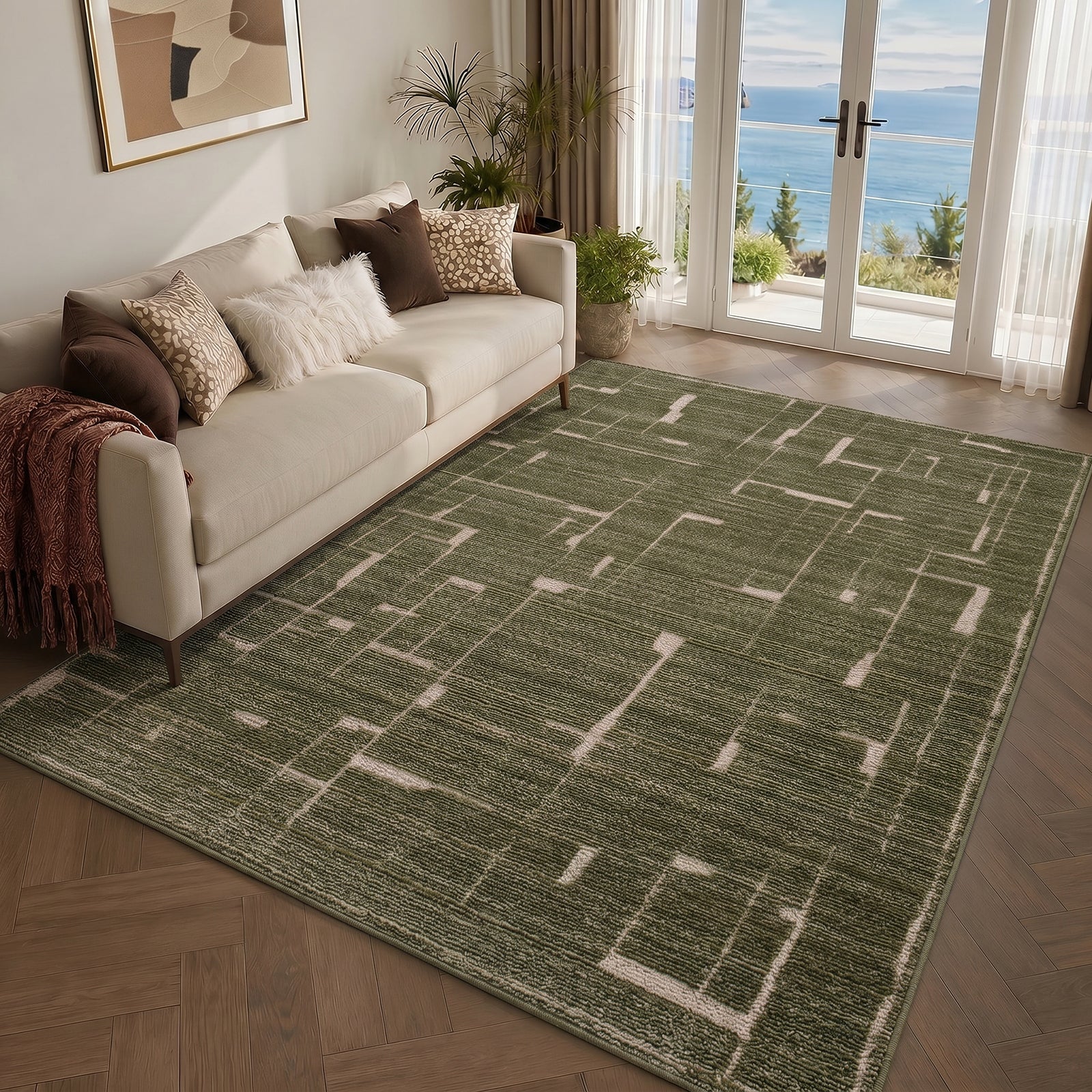 Alba Modern Graphic Beige Polypropylene & Polyester Rug 160x213cm - second room setting