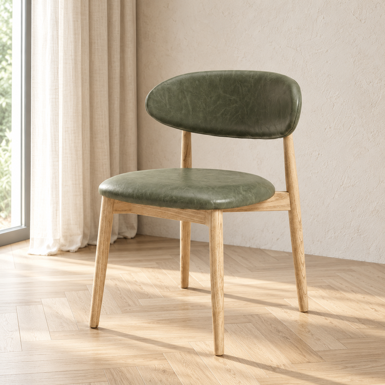 Elin green faux leather light oak dining chair in a softly lit neutral interior