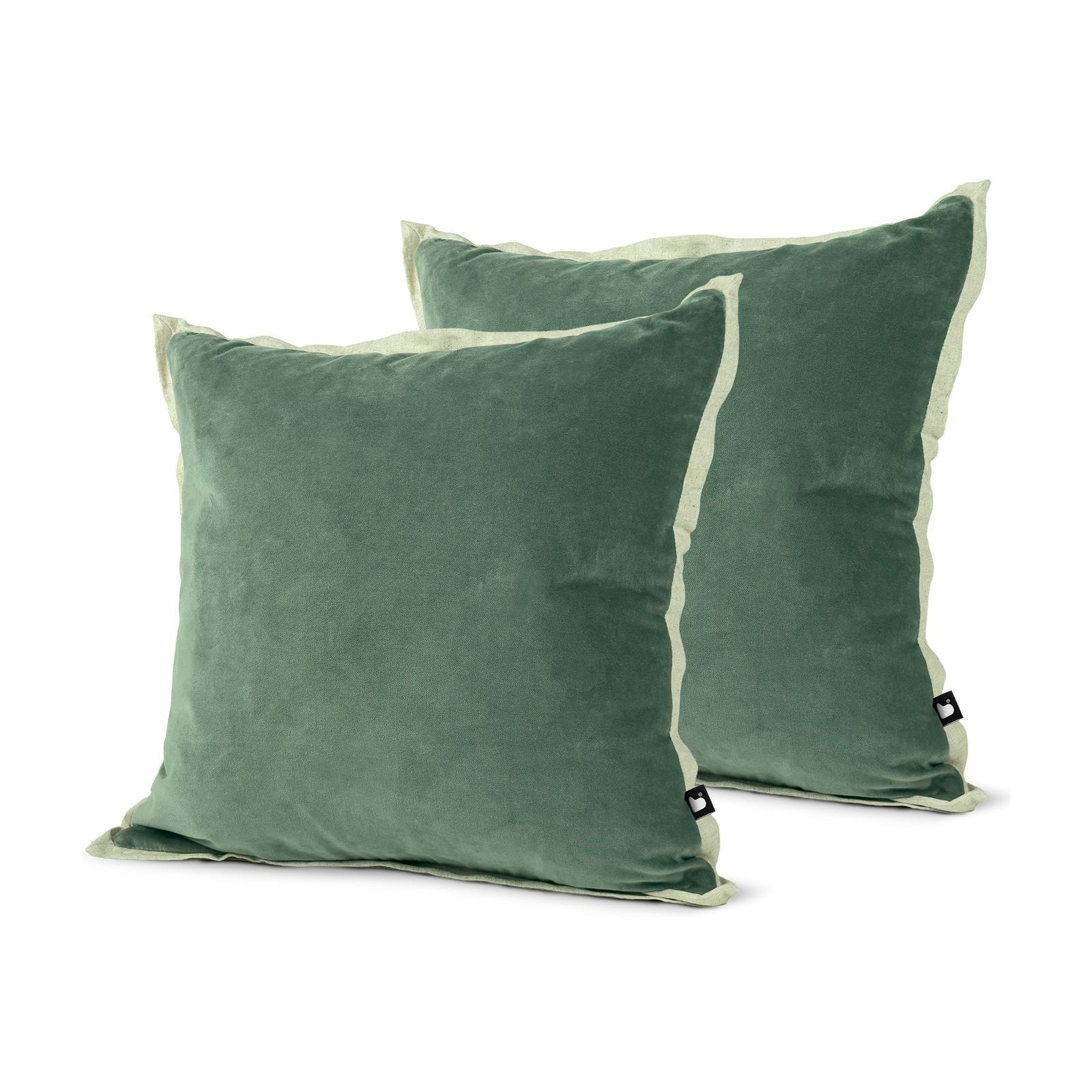 Set of 2 Linen Fringed Cotton Velvet Eucalyptus Square Cushions 45x45cm - twin pack