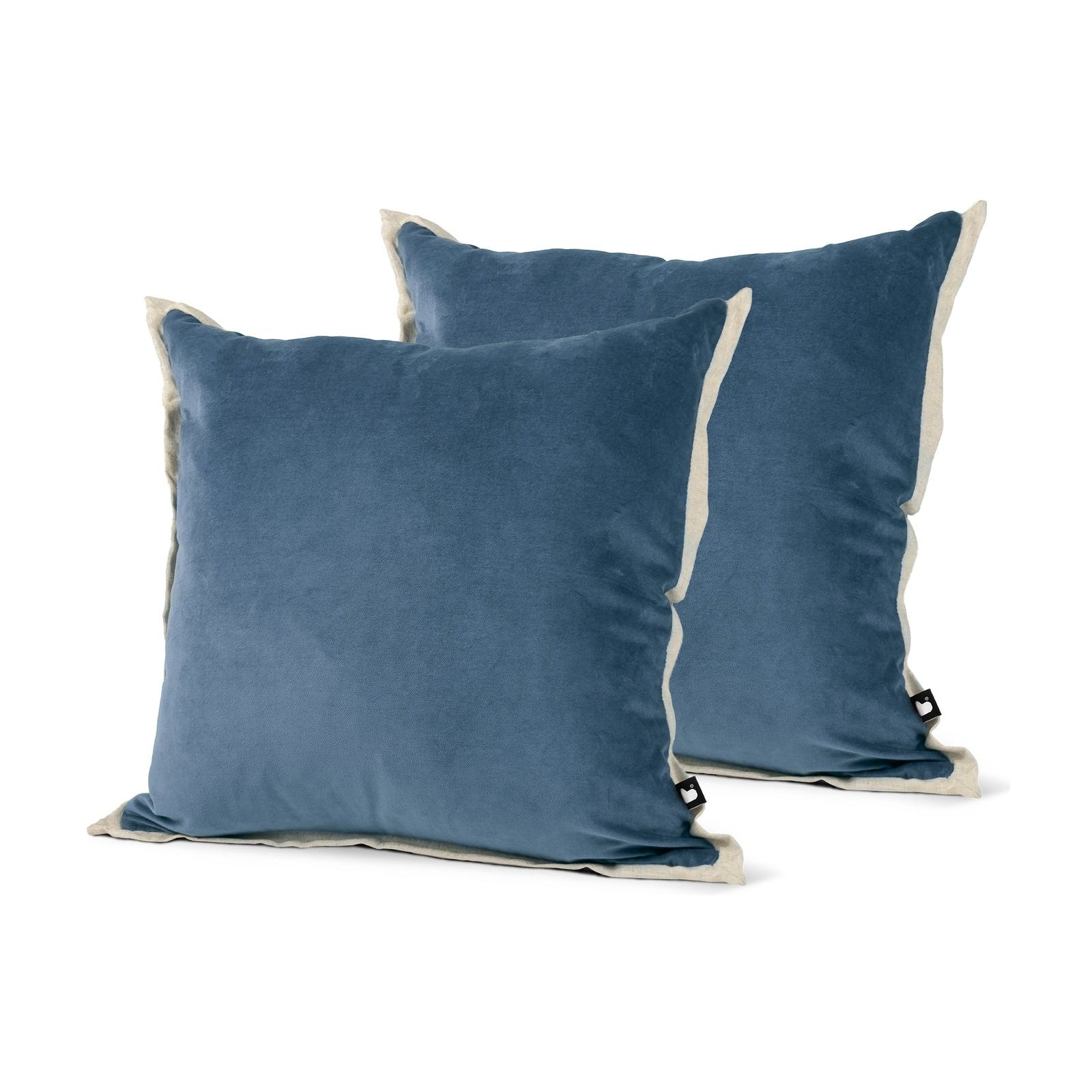 Set of 2 Linen Fringed Cotton Velvet Harbour Blue Square Cushions 45x45cm - twin pack