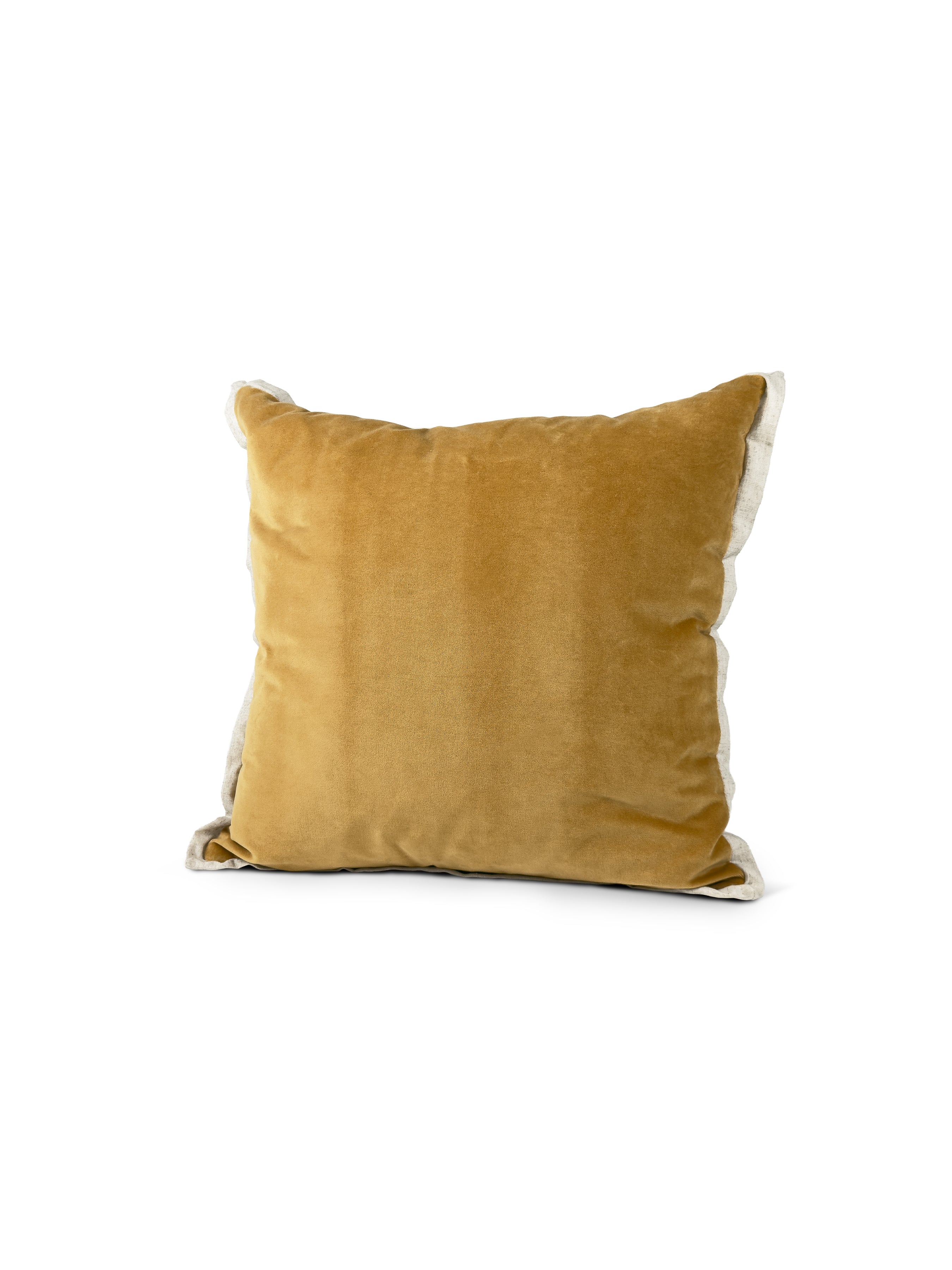 Set of 2 Extreme Lounging Linen Fringed Cotton Velvet Ochre Cushions 45 x 45cm - individual cushion front view