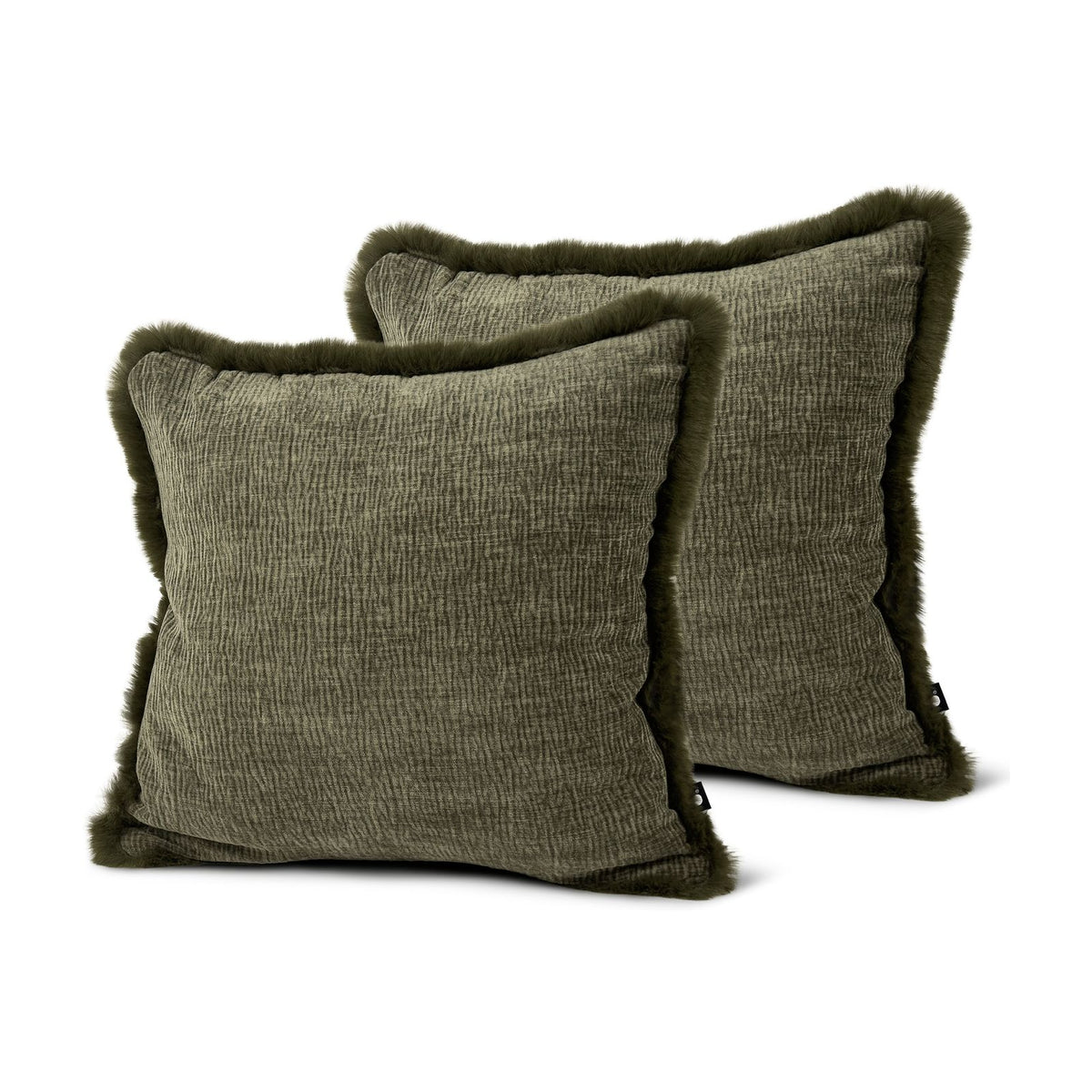 Set of 2 Fur Fringed Chenille Emerald Square Cushions 45x45cm - twin pack