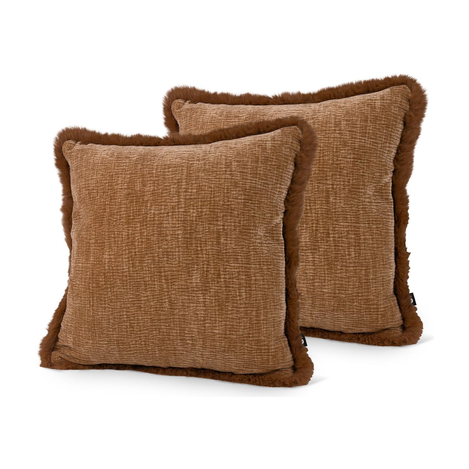 Set of 2 Fur Fringed Chenille Honey Square Cushions 45x45cm - twin pack