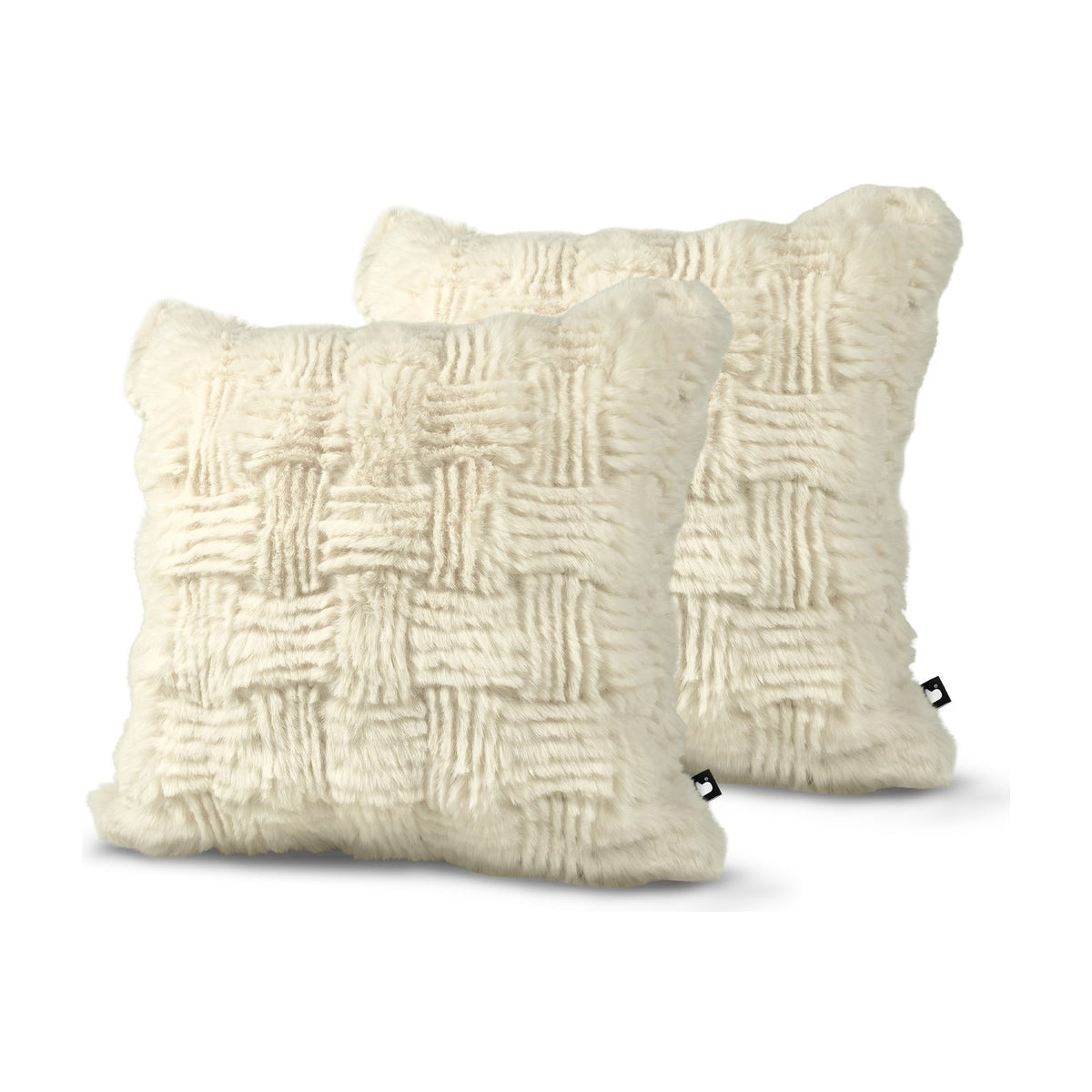 Set of 2 Fur Basket Weave Ivory Square Cushions 45x45cm - twin pack