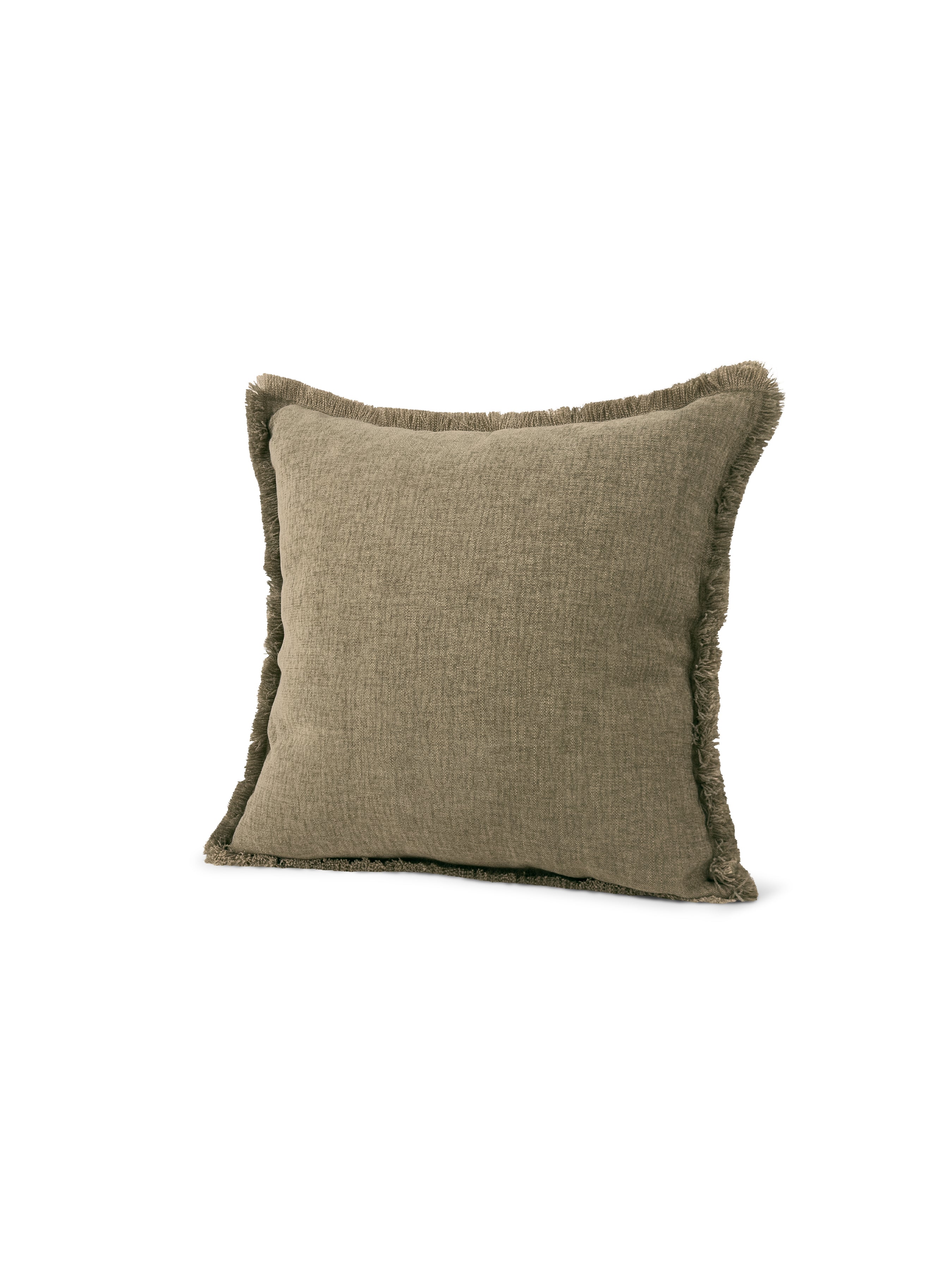 Set of 2 Extreme Lounging Fringed Linen Look Moss Cushions 43 x 43cm - individual cushion front view
