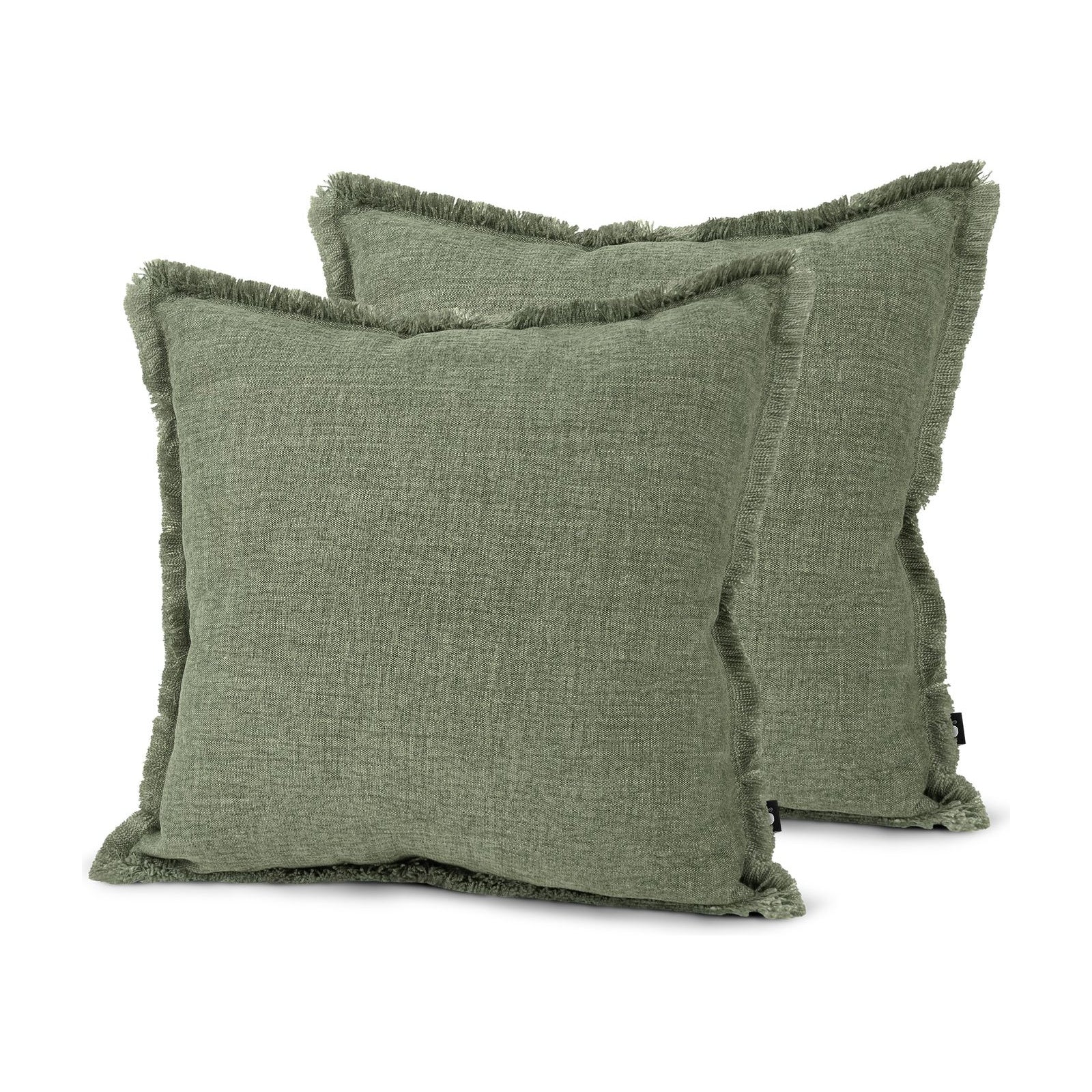 Set of 2 Fringed Linen Look Moss Square Cushions 43x43cm - twin pack