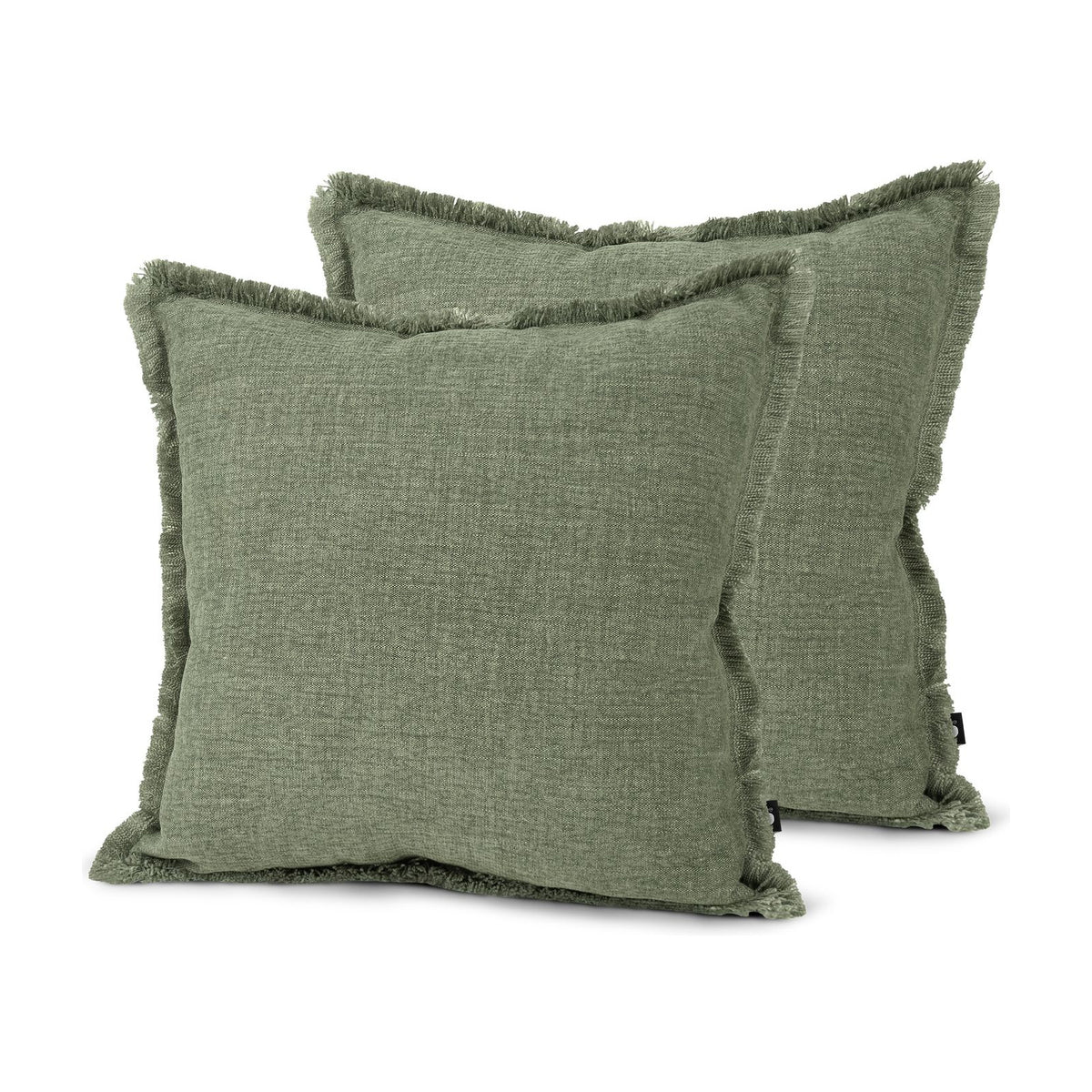 Set of 2 Fringed Linen Look Moss Square Cushions 43x43cm - twin pack