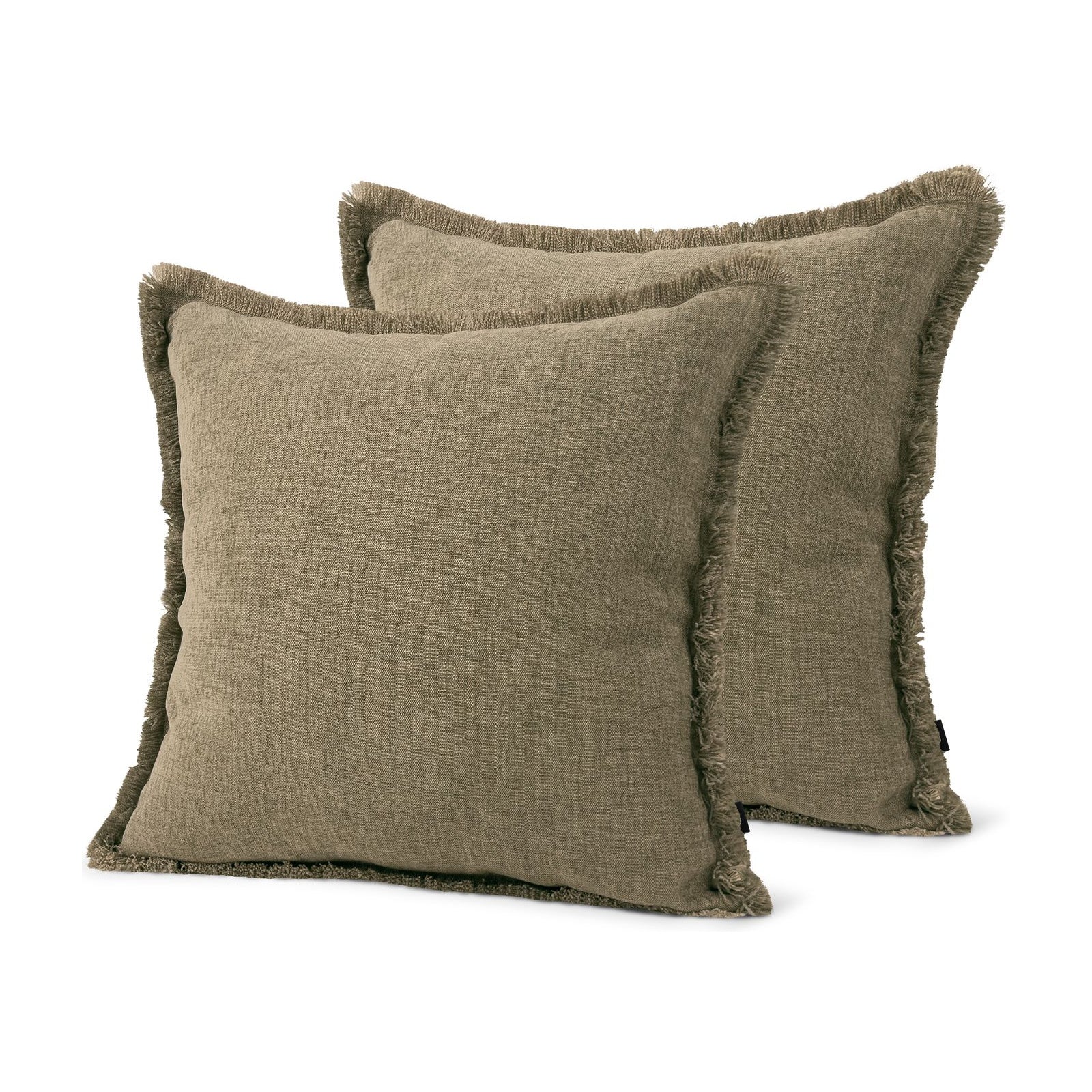 Set of 2 Fringed Linen Look Sage Square Cushions 43x43cm - twin pack