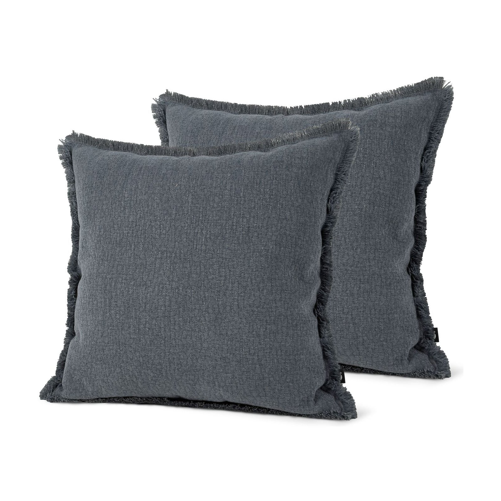 Set of 2 Fringed Linen Look Dark Denim Square Cushions 43x43cm - twin pack