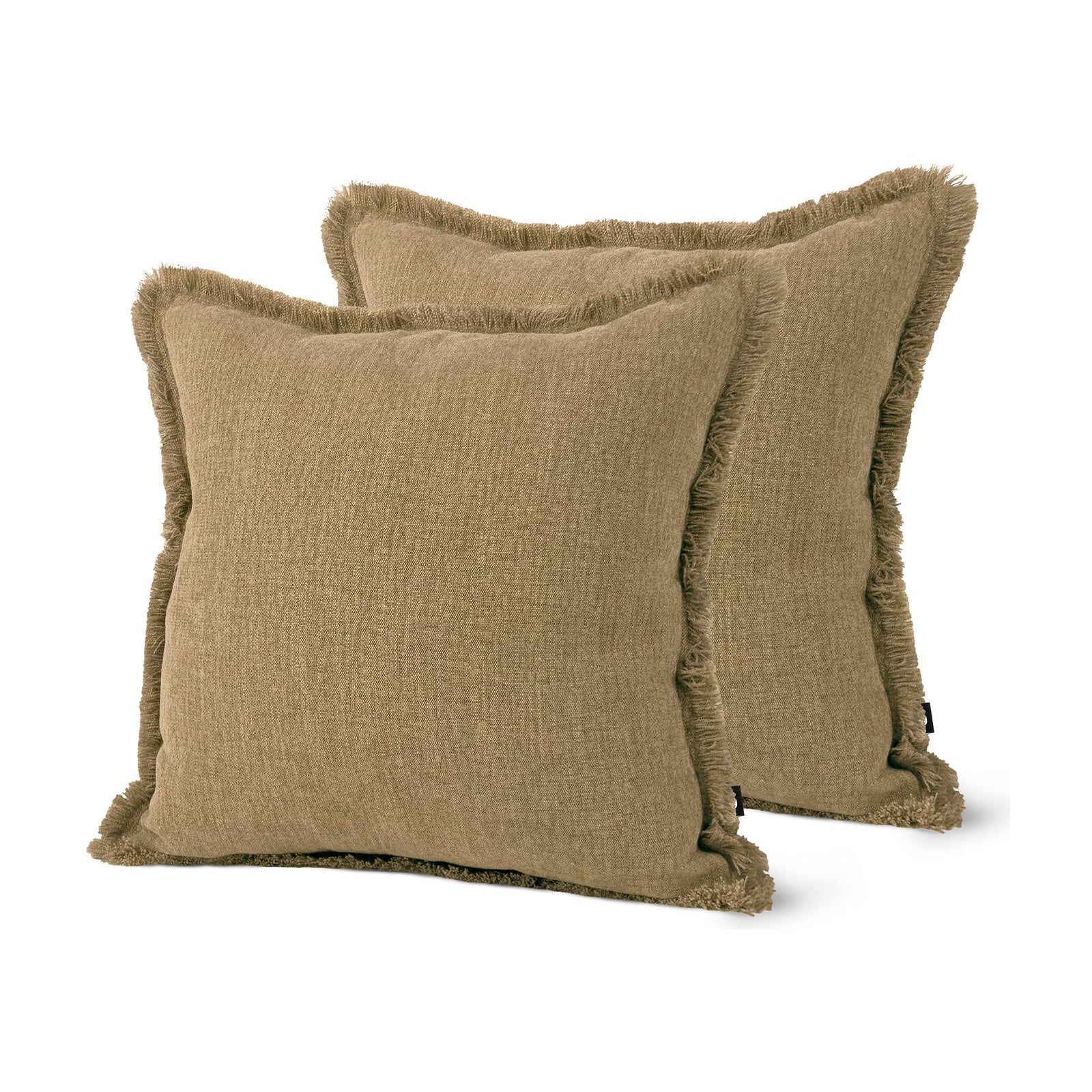Set of 2 Fringed Linen Look Ochre Square Cushions 43x43cm - twin pack
