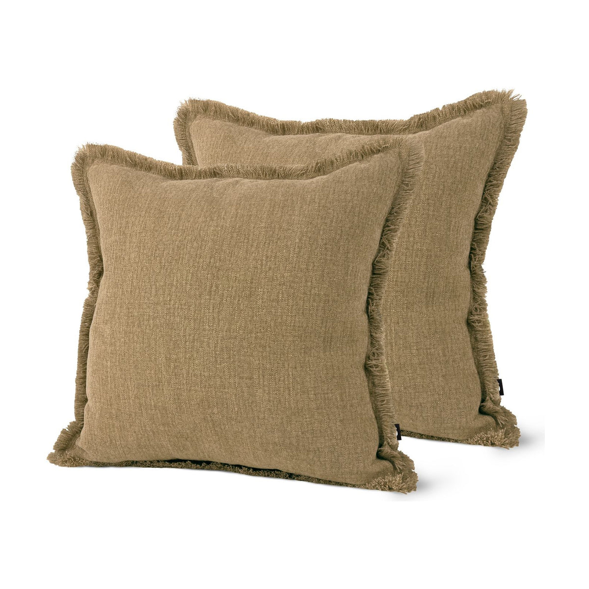 Set of 2 Fringed Linen Look Ochre Square Cushions 43x43cm - twin pack