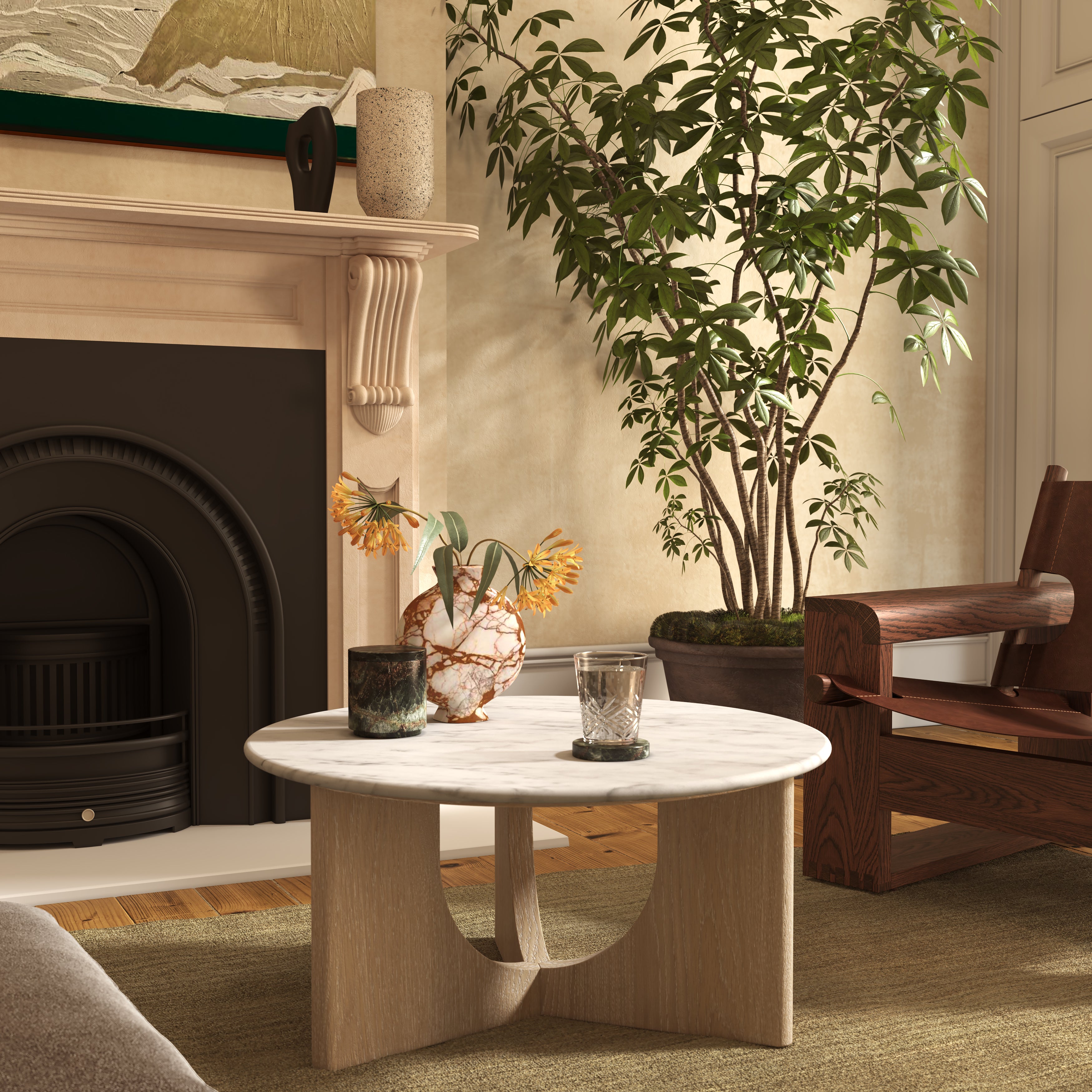 Brooklyn Oak Wood & White Marble Round Coffee Table