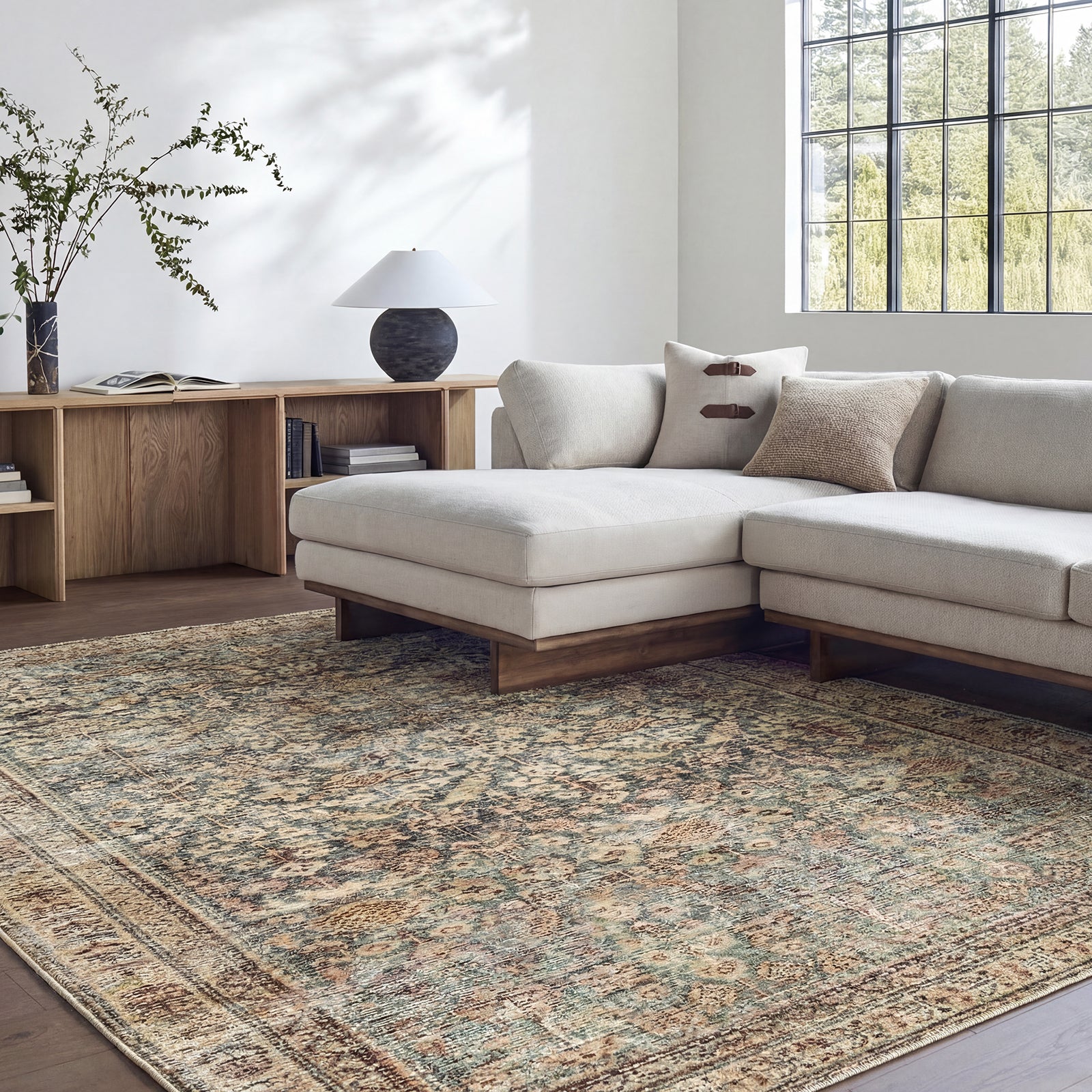 Collins Avenue Galey Alix Vintage Traditional Vintage Boho Fringe Brown & Dark Green Polyester Rug 157x213cm - second room setting