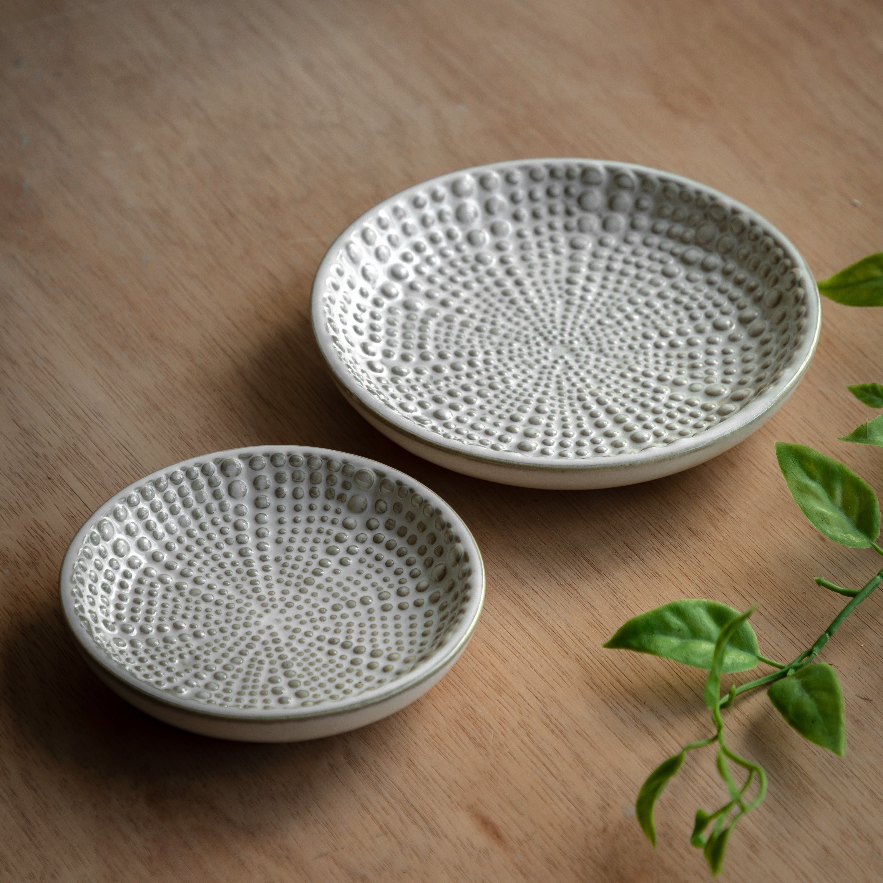 Set of 2 Alderchase White Beaded Stoneware Trinket Trays